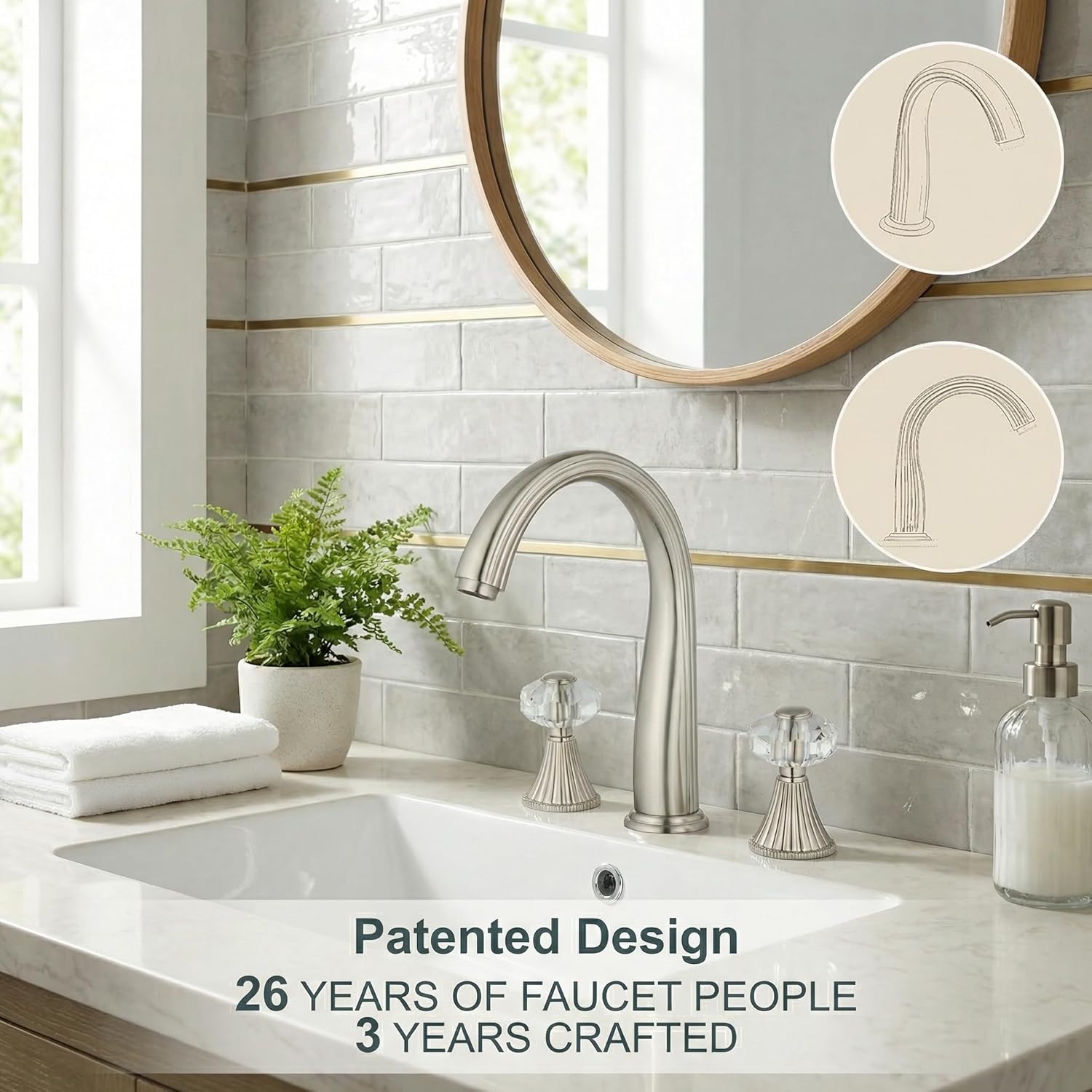 3 Hole Brushed Nickel Crystal Sink Vanity 8 Inch Brass 2 Handles 2 Tone Widespread Modern Unique 3 Piece Bathroom Sink Faucets, Antique Lavabo Faucet, Vintage Lavatory Vessel Luxury Mixer Tap