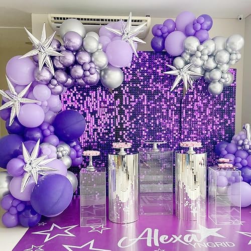 Miniatura 7 de Fondo de pared con brillo morado, 24 paneles cuadrados de lentejuelas brillantes, fondos de fotos para cumpleaños, aniversario, boda, graduación y