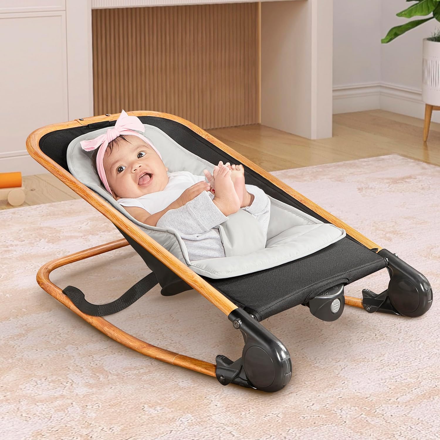 Dream On Me Rock On Me 2-in-1 Baby Rocker and Stationary Seat, Adjustable Recline, Gentle Music & Vibration, 3-Point Safety Harness, Detachable Toy Bar, Folds Compact for Travel – Black & Grey