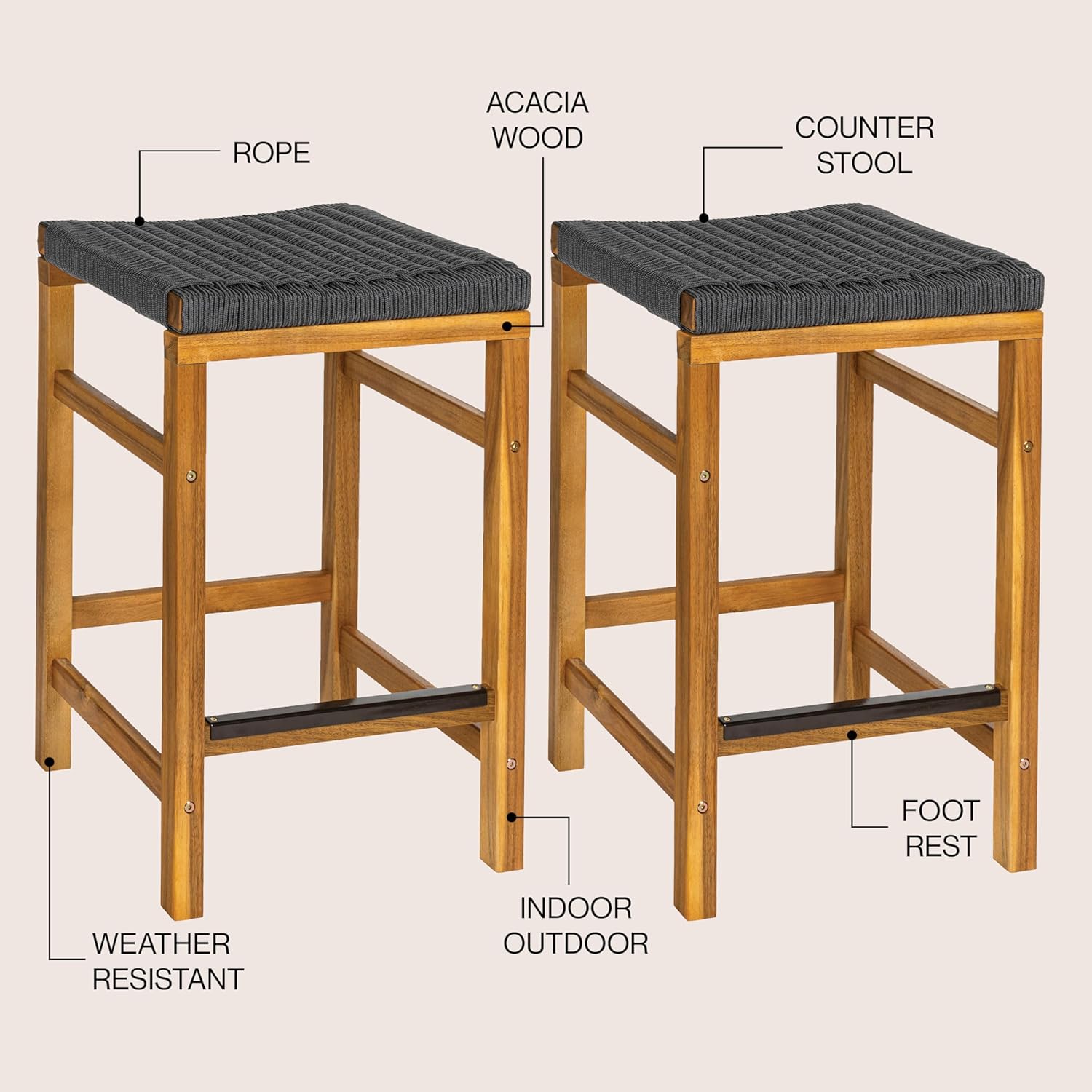 JONATHAN Y CSL1201B-SET2 Armand 25.6" Modern Coastal Backless Acacia Wood Outdoor Bar Stool with Woven Rope Seat, for Patio, Lawn, Backyard, Deck, Light Teak/Grey (Set of 2)