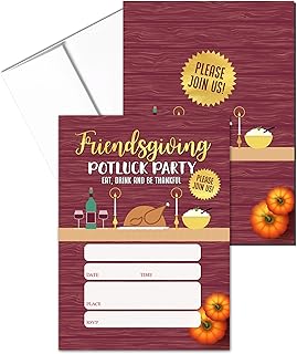 Stonehouse Collection Friendsgiving Party Invitations, Fill in the Blank Potluck Party Invites, Double Sided, 25 Cards with Envelopes