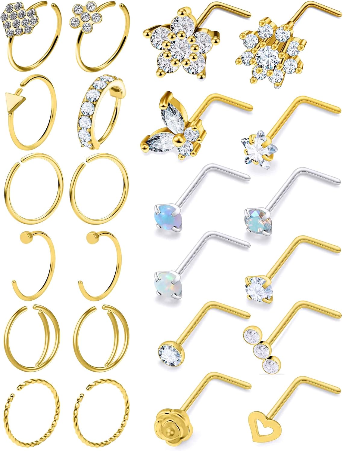 20G Nose Rings Hoops 316L Stainless Surgical Steel Hypoallergenic Nose Rings Studs Piercing Jewelry for Women Men Diamond Clear CZ Silver Gold Black Rainbow Rose Gold