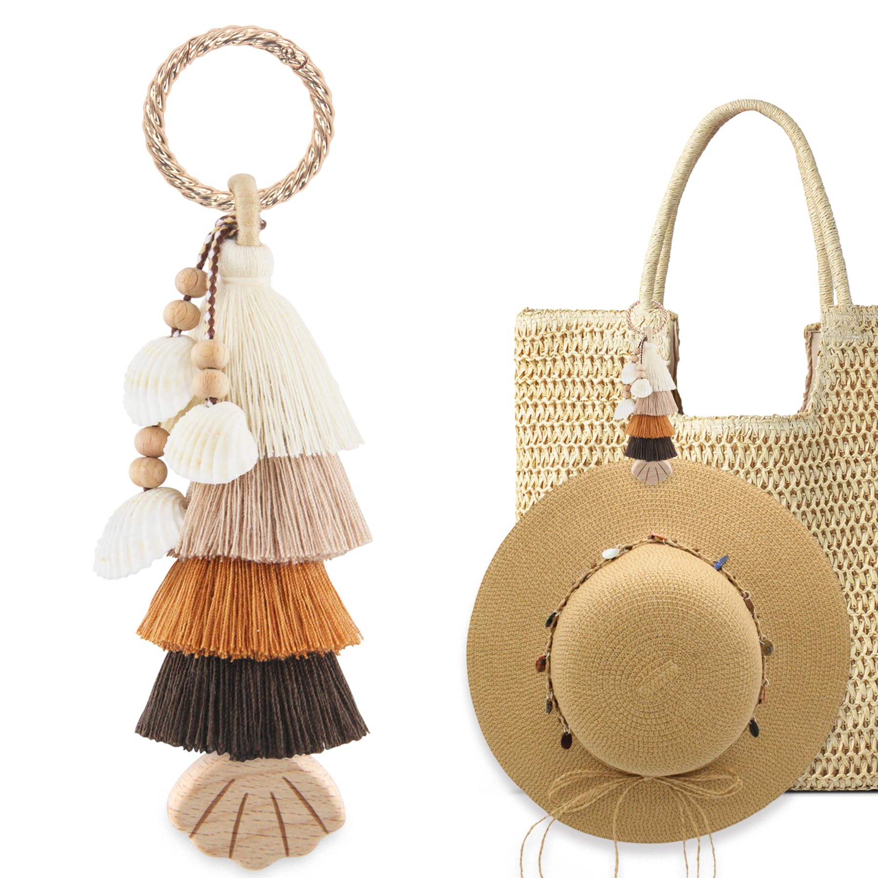 RUNROLE Handmade Tassel Bag Charm Keychain with Wooden Hat Clip for Travel on Bag, Travel Accessories for Women