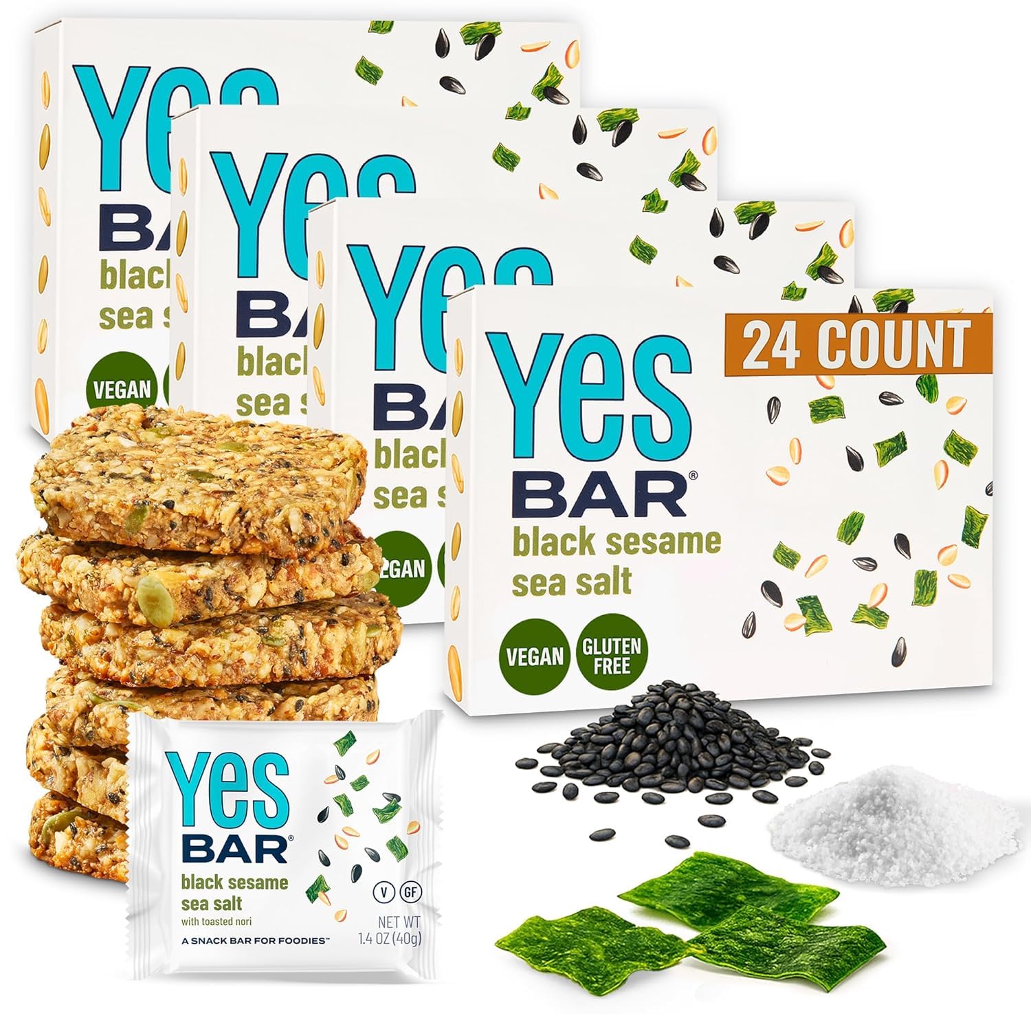 The YES Bar – Black Sesame Sea Salt – Plant Based Protein, Decadent Snack Bar – Vegan, Paleo, Gluten Free, Dairy Free, Low Sugar, Healthy Snack, Breakfast, Low Carb, Keto Friendly (24 Count)