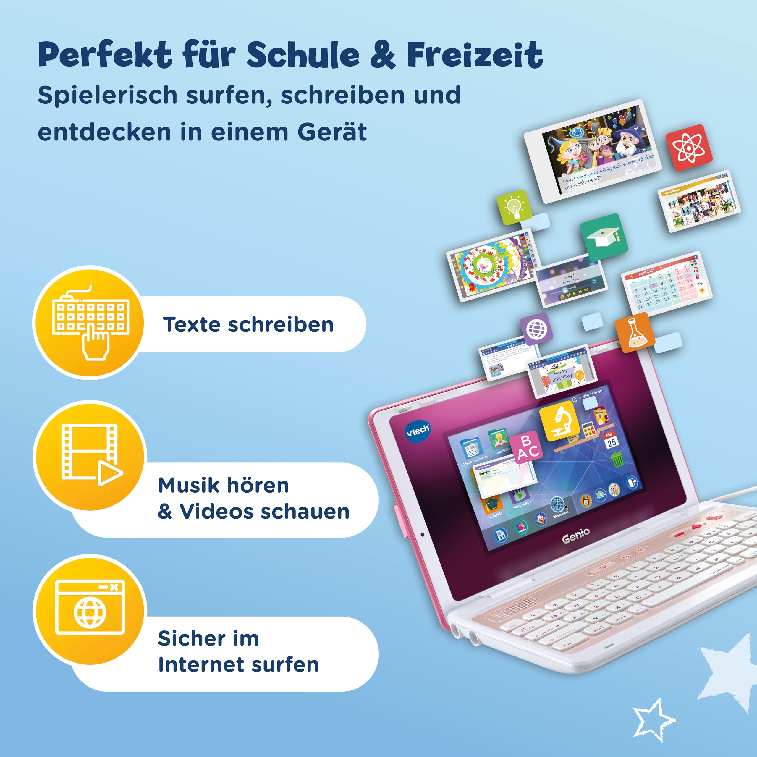VTech Genio laptop edukacyjny XL różowy – komputer edukacyjny z dużym ekranem LCD o przekątnej 7" z dostępem do Internetu, programem tekstowym i wieloma treściami edukacyjnymi – dla dzieci w wieku