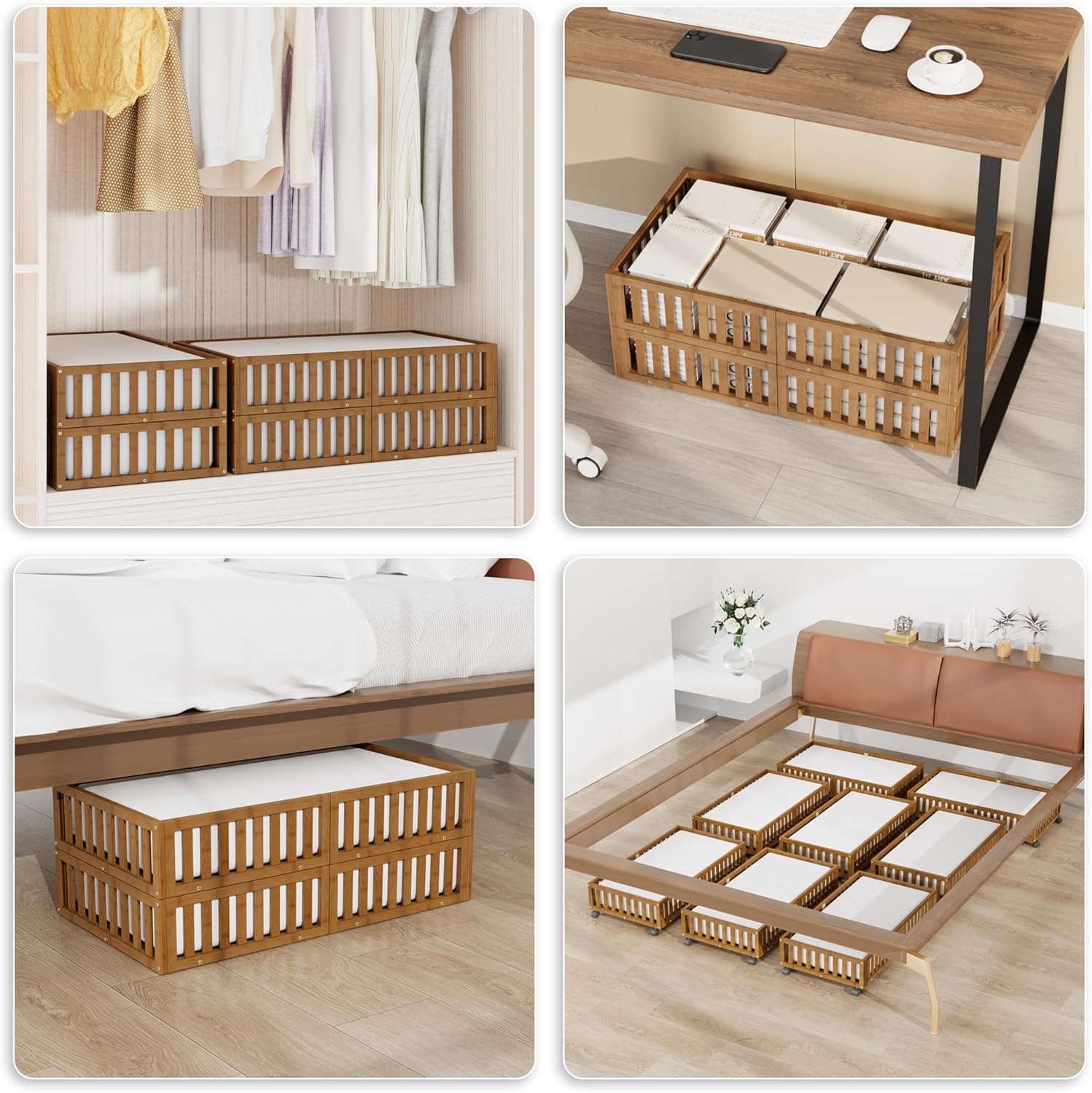 Bamboo Under Bed Storage with Wheels (2-Pack) – Rolling Underbed Shoe Organizer Box for Shoes, Blankets, Toys, Clothes Container Space-Saving Organizer Bins for Bedroom, Closet, Dorm, Nursery