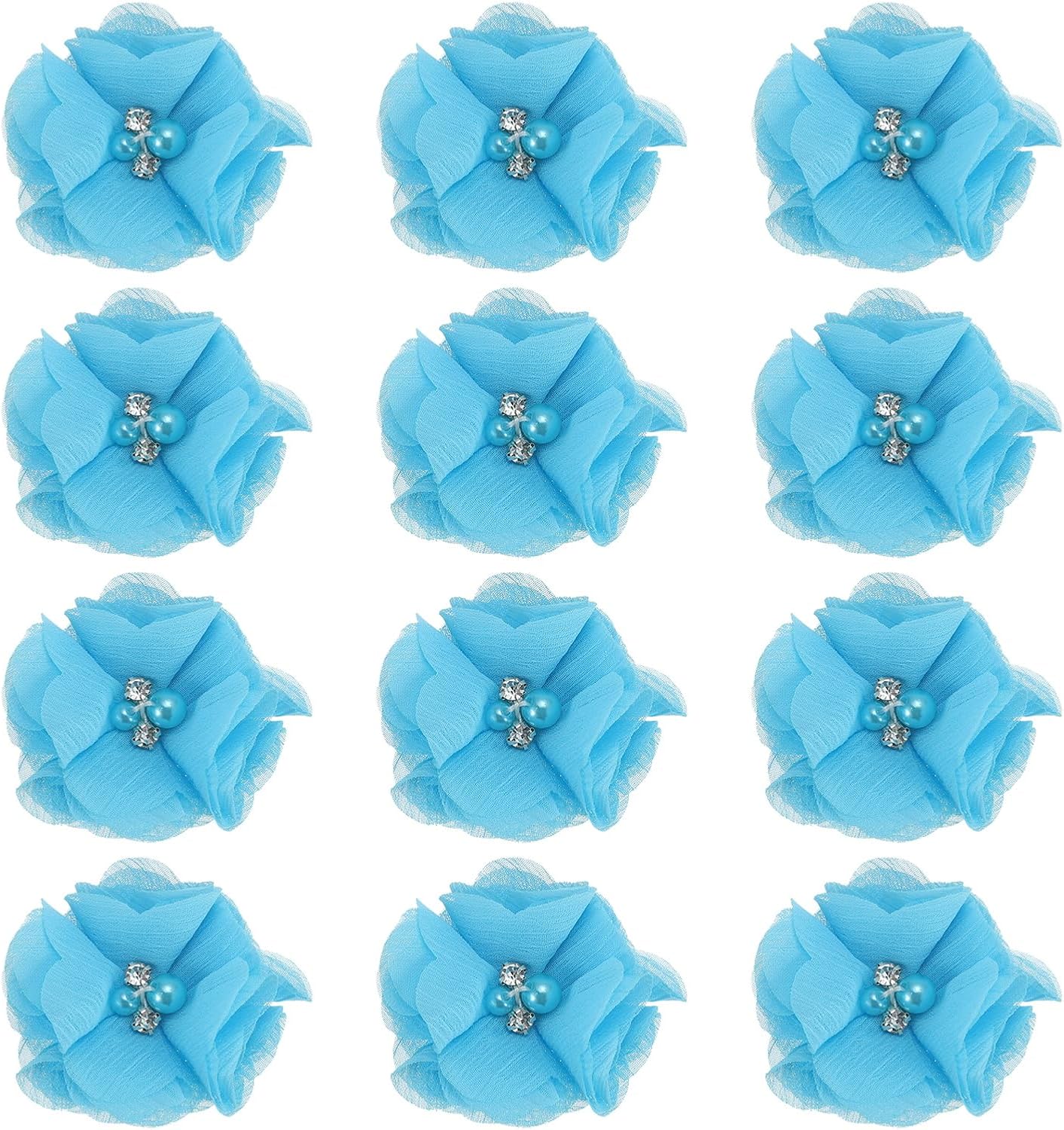PATIKIL 2 Inch Chiffon Flowers, 12 Pcs Rhinestone Pearl Sewing Fabric Flowers Artificial Appliques Embellishments for Clothing Wedding DIY Craft Headbands Decor, Lake Blue