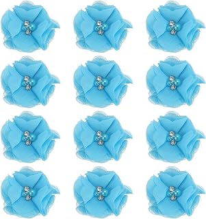 PATIKIL 2" Flores de Gasa, 12Pcs Flores de Tela con Estrás y Perlas Artificiales para Coser, Adornos para Ropa, Bricolaje de Bodas, Decoración de Diademas, Color Azul Lago