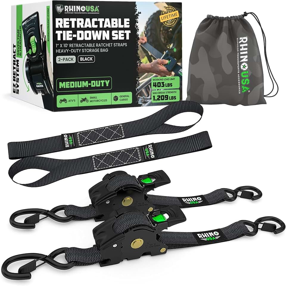 Rhino USA Retractable Ratchet Straps (2-Pack) - 1 Inch x 10 Feet (1,209lb Break Strength) - Auto Self Retracting Tie Down Straps for Truck, Cargo Trailer, Motorcycle, ATV, UTV - Black