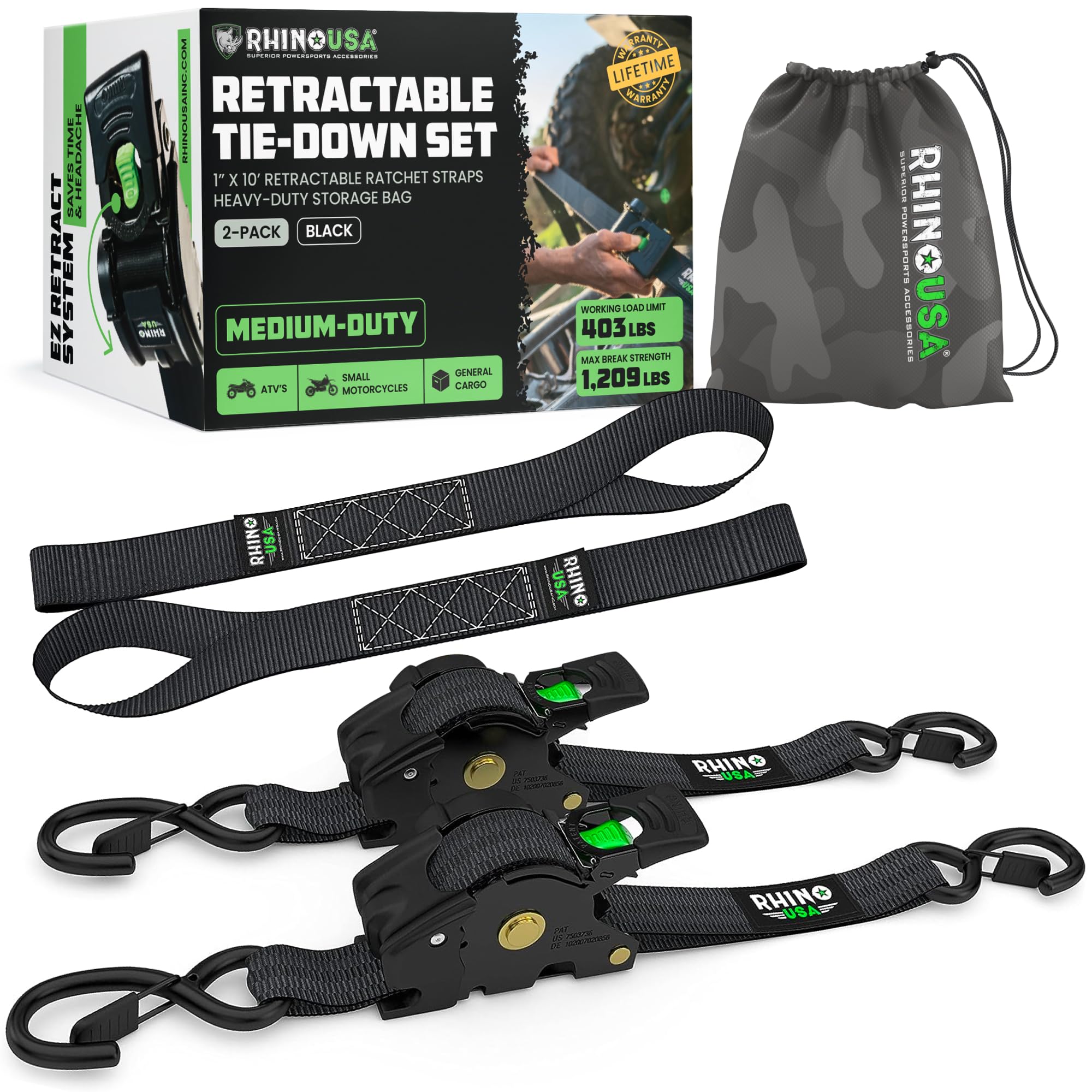 Rhino USA Retractable Ratchet Straps (2-Pack) - 1 Inch x 10 Feet (1,209lb Break Strength) - Auto Self Retracting Tie Down Straps for Truck, Cargo Trailer, Motorcycle, ATV, UTV - Black