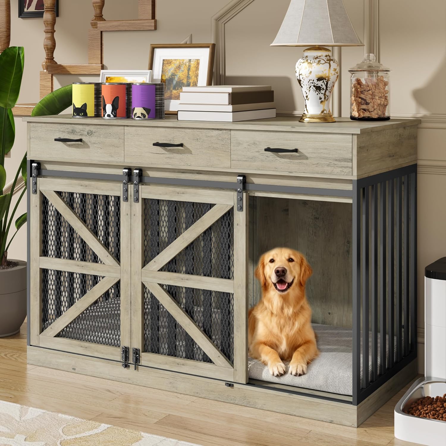 48 Inch Large Dog Crate Furniture with 3 Storage Drawers, Wooden Pet Kennel with Removable Divider, Dog Kennel End Table TV Stand, Farmhouse Style Dog Crates with Sliding Barn Door(Grey)