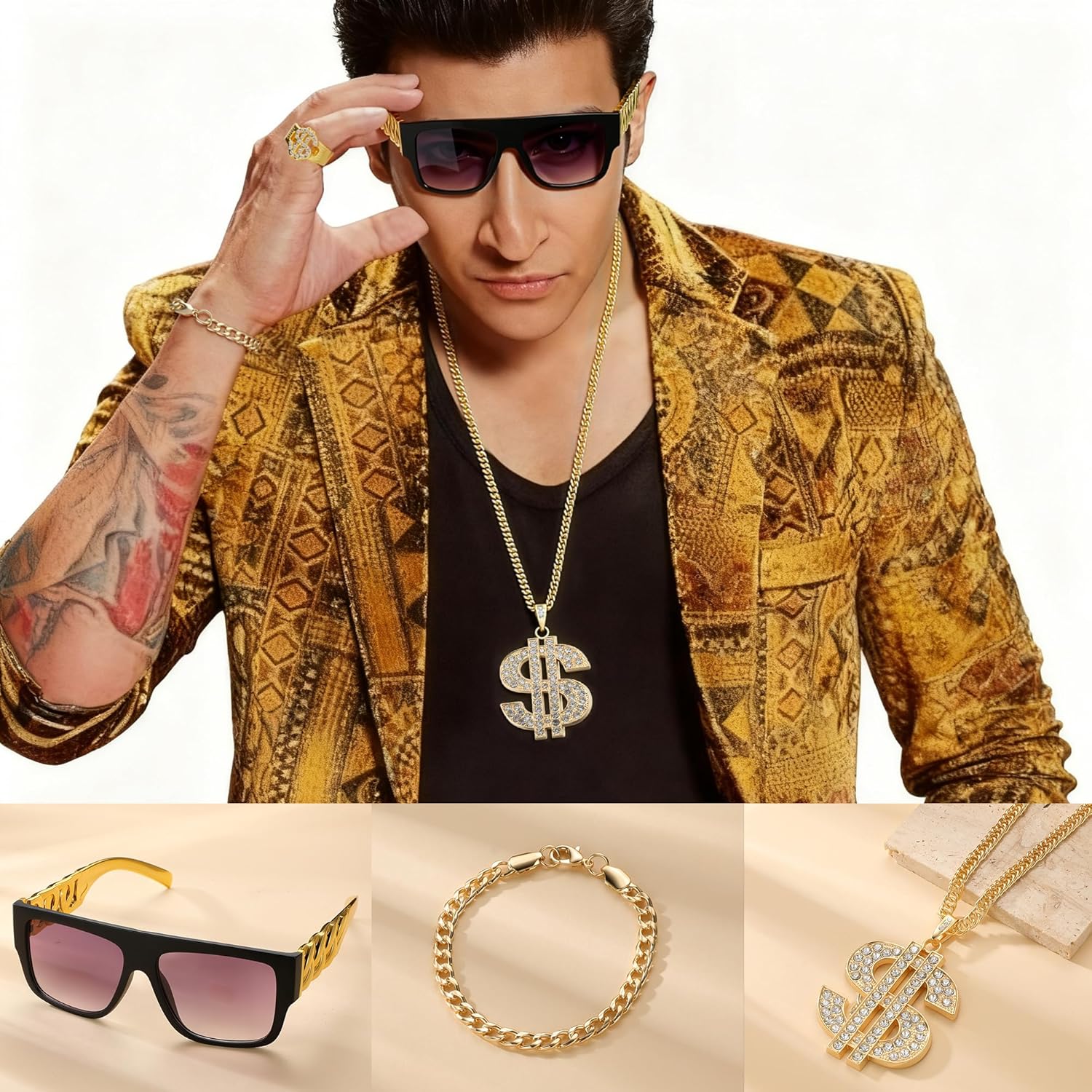 Mujahid Hip Hop Costume Kit 80s 90s Rapper Accessories, Outfits for Men Women Cosplay Club Old School Themed Party Supplies Sunglasses Necklace Bracelet False Teeth - Image 4