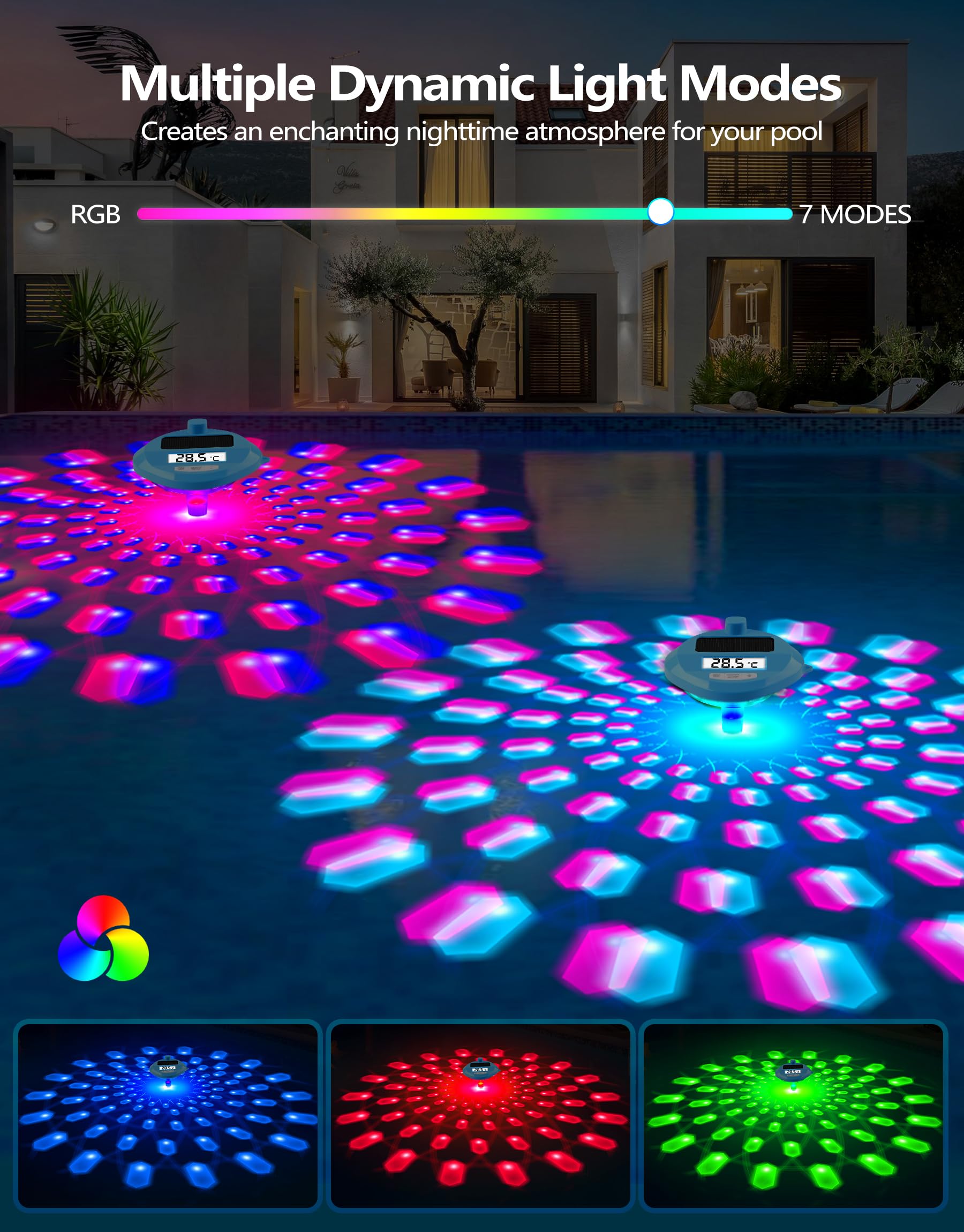 DeeprBlu 2026 Pool Thermometer Funk Solar, Poolthermometer Schwimmend mit Dynamische LED-Lichtshow & Duale Hintergrundbeleuchtung, 200 Meter Kabellose Übertragung, Poolthermometer Digital Funk für Spa