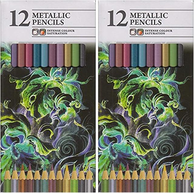 2 x Pack Of 12 Intense Colour Metallic Artist Colouring Pencils Assorted Colours