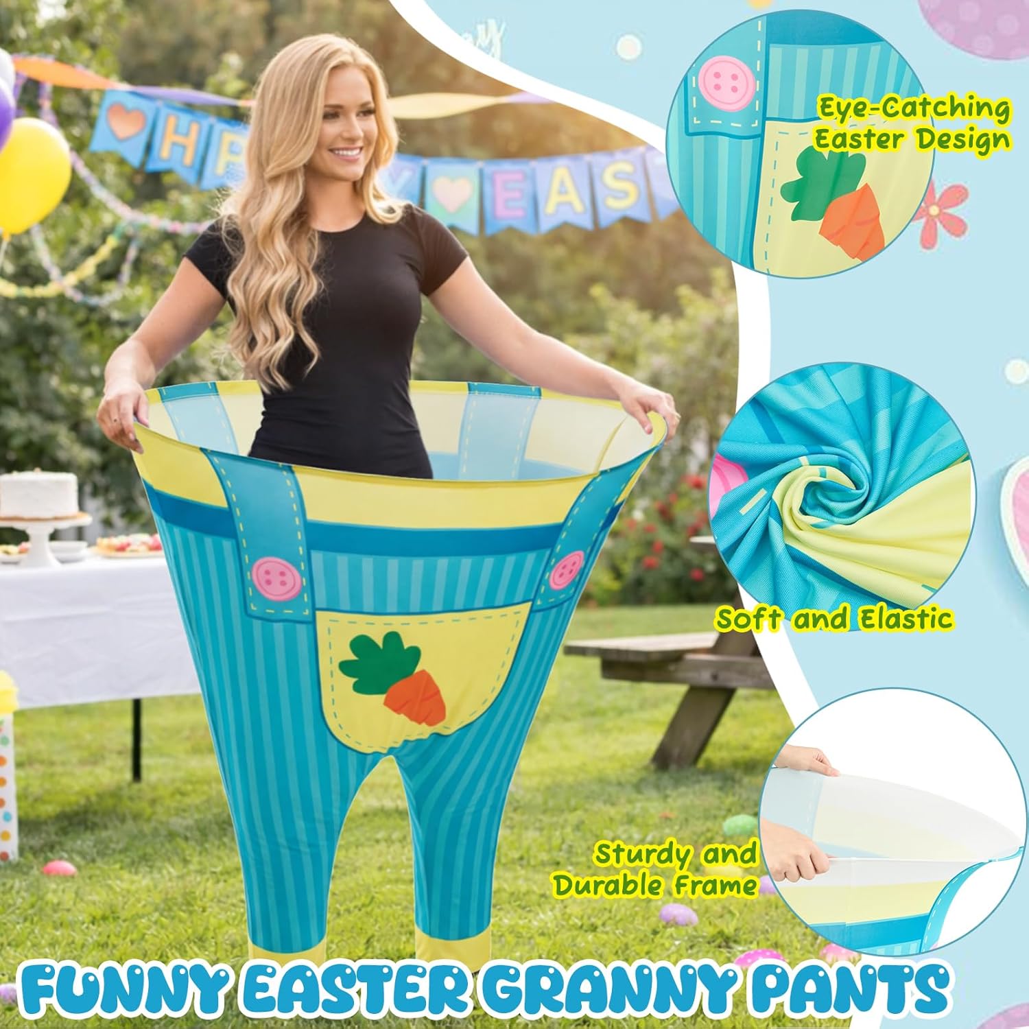 37 Pcs Easter Granny Pants Set, 6 Giant Granny Pants with 1 Pump 24 Egg Balls & 6 Easter Bunny Ear Glasses, Funny Spring Yard Tossing Outdoor Activity for Adults Family Party Gathering