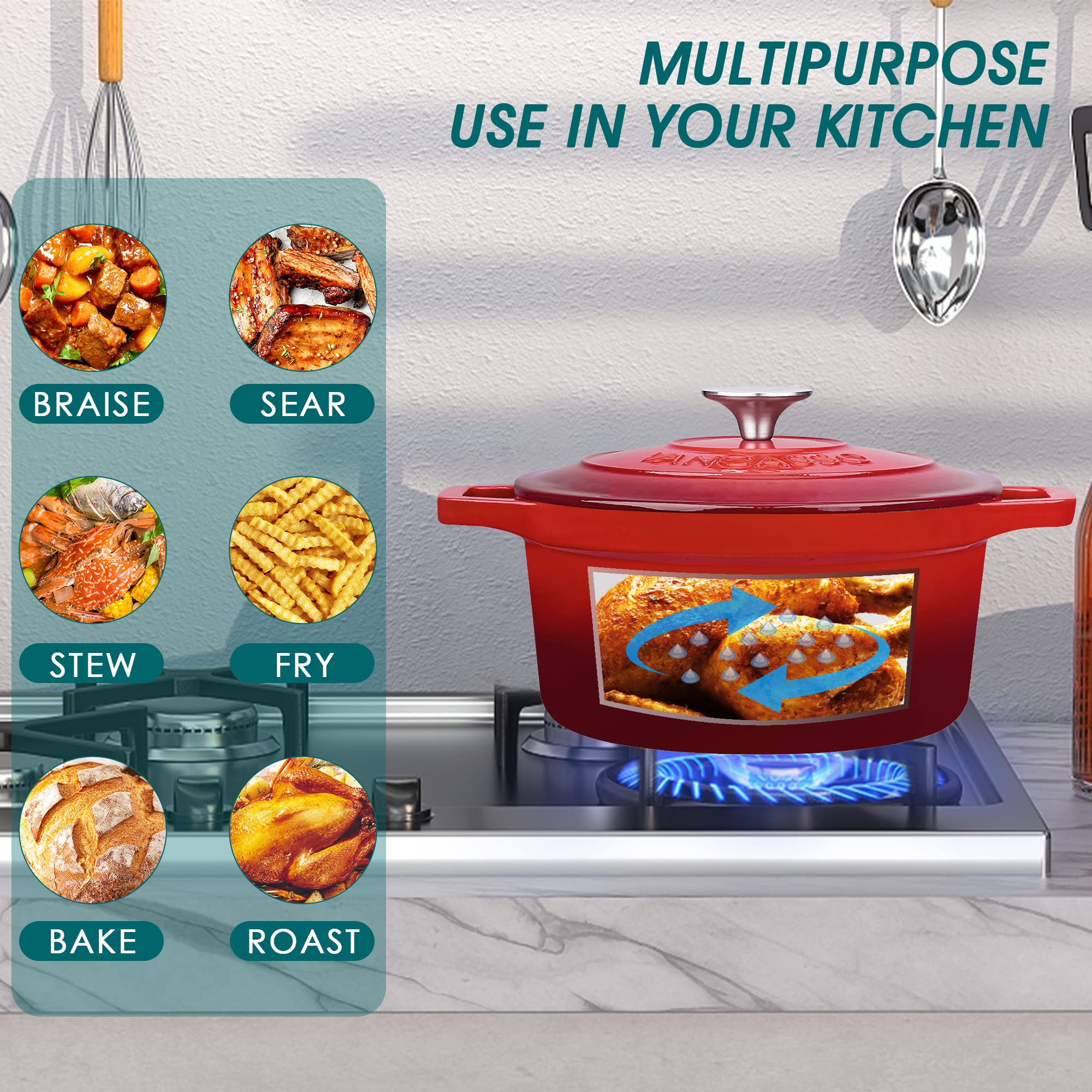 Vancasso - Pentola in ghisa per il pane per 2-4 persone, diametro 22 cm, smaltata, casseruola, per arrosto/stufato/cucinare, rotonda, rossa, 3 L