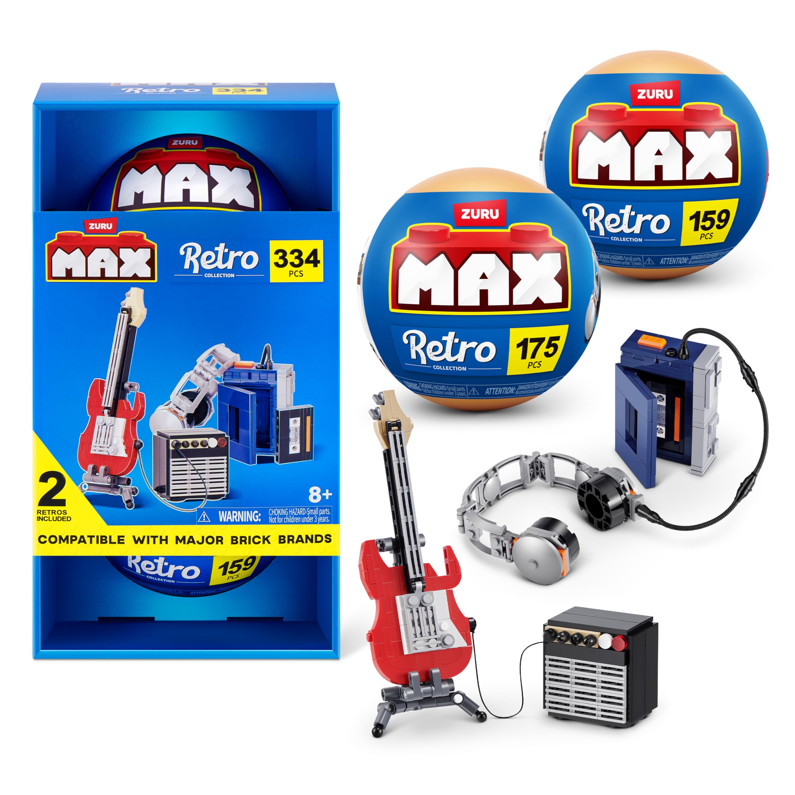 Max Build More Premium Retro Series 2 2 Pack (Walkman & Guitar and Amp) by ZURU - Novelty Unboxing Toy & Building Brick Collectible Minis with up to 188 Pieces