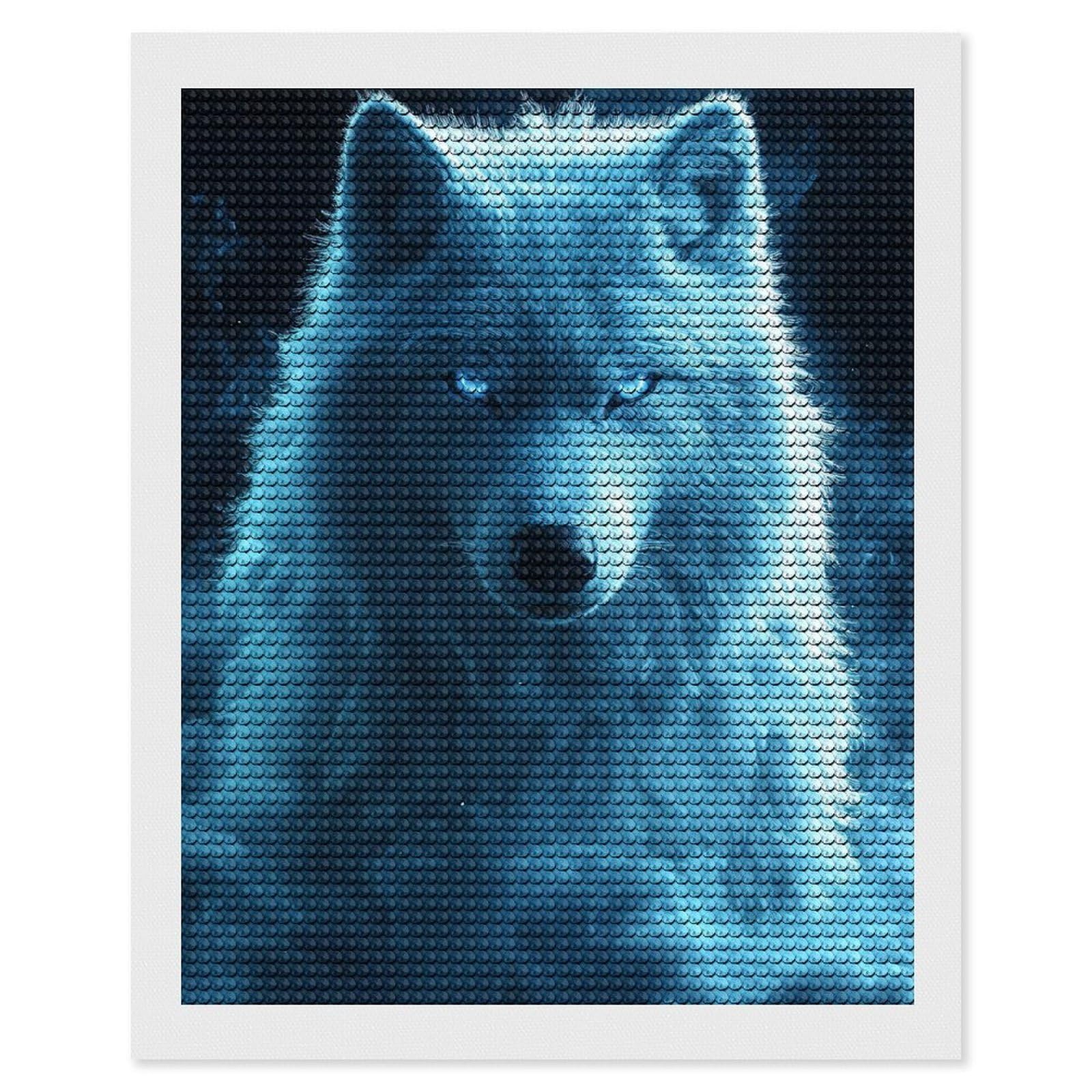 Junmoney Blue Wolf Portrait Diamond Art Kit 16"x20", for Beginners, Vintage Style Decor, Good for Quiet Evenings, Festive Craft Gift