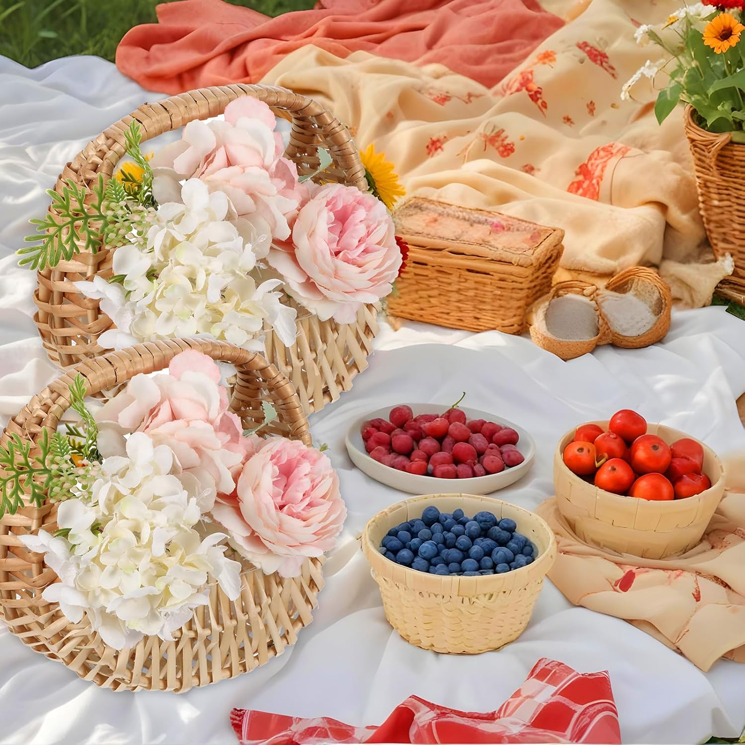 3 Pcs Rattan Half-moon Wicker Basket, Small Willow Straw Basket with Handle, Ideal for Wedding Flower Girl, Picnic, Garden Storage, and Home Decor