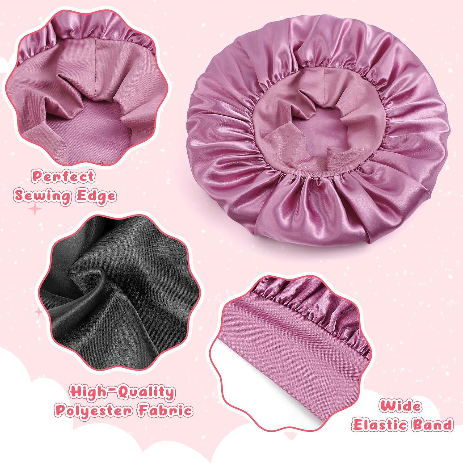 2 PCS Baby Bonnet, 11 Inch Kids Satin Bonnet, Sleeping Cap with Wide Band, Soft Kids Bonnets Solid Color for Natural Hair, Infant & Toddler(Black and Dusty Rose)