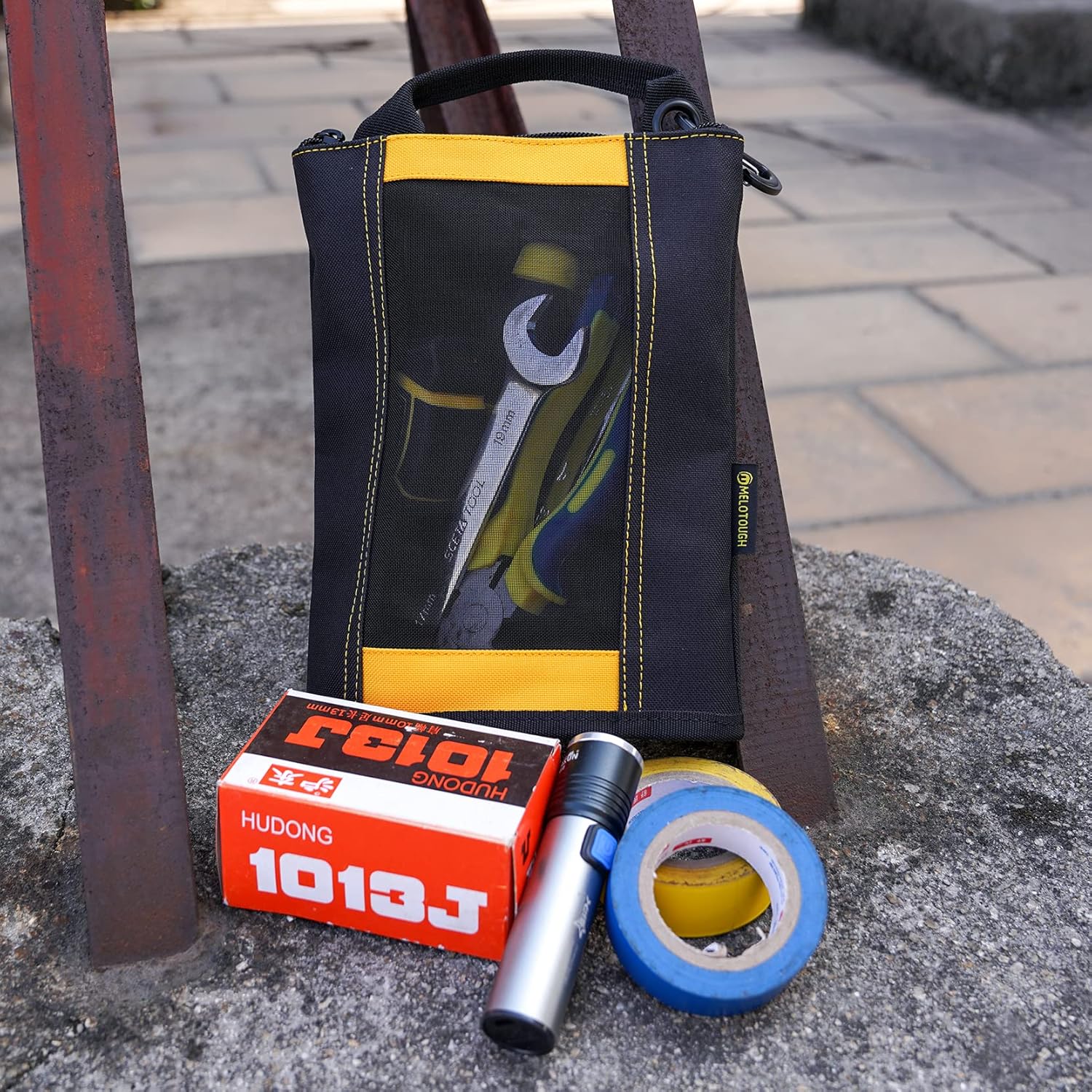 MELOTOUGH Tool Belt Pouches Electrician Tool Pouch with Belt Clip, Utility Top Drawstring Organizer Tool Pouch Bag,Fastener Bag Small Zip Tool Pouch Utility Zipper Tool Bag with Heavy Duty Mesh Window