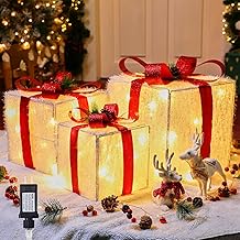 Christmas Decorations Lighted Gift Boxes Set of 3, Foldable 12" 10" 8" Xmas Gift Boxes with LED Lights, Bows, Berries and Pinecones for Indoor Outdoor Christmas Tree, Yard, Party Decorations