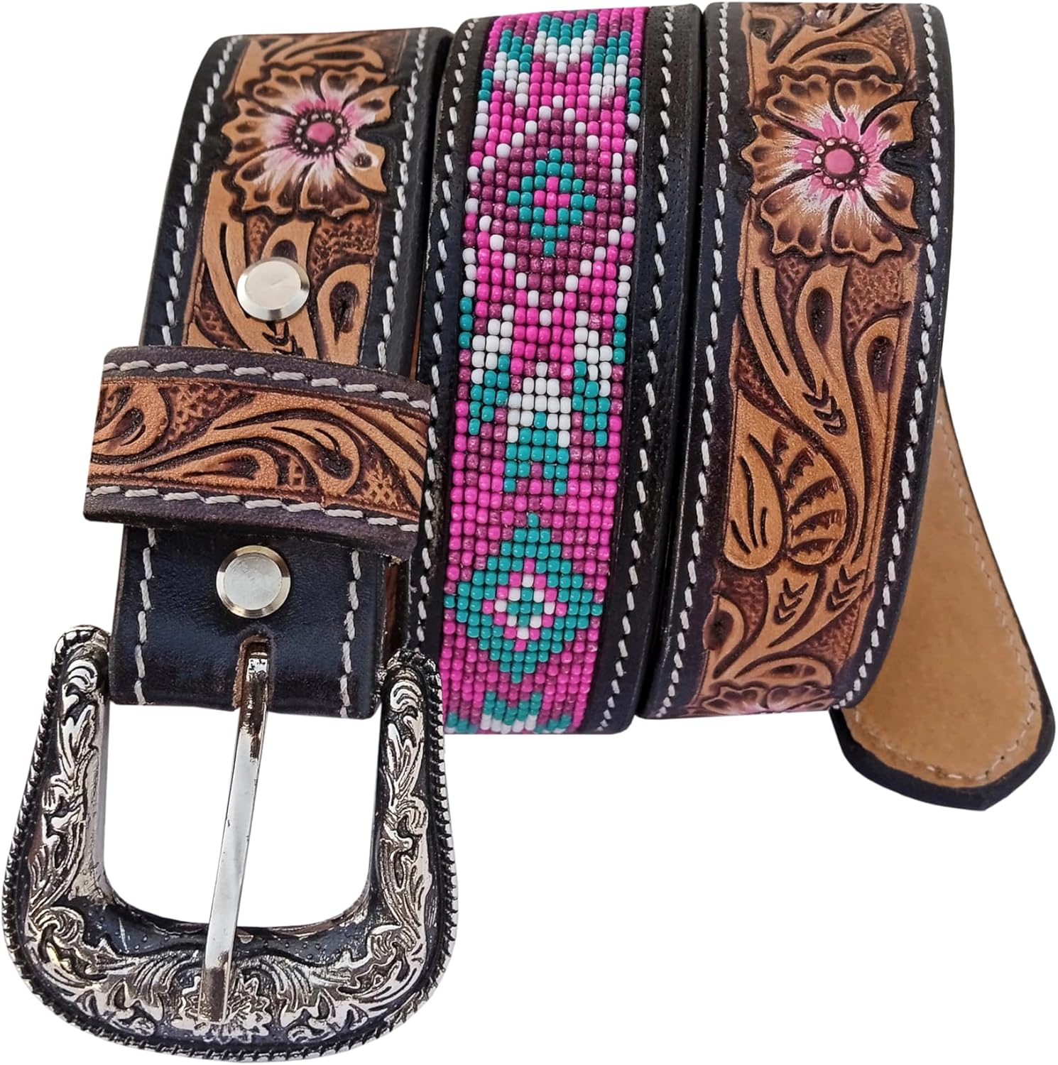 Affilare Western Beaded Belts For Young Adults Tooled Leather Heavy Duty Beaded Belt 40IS105