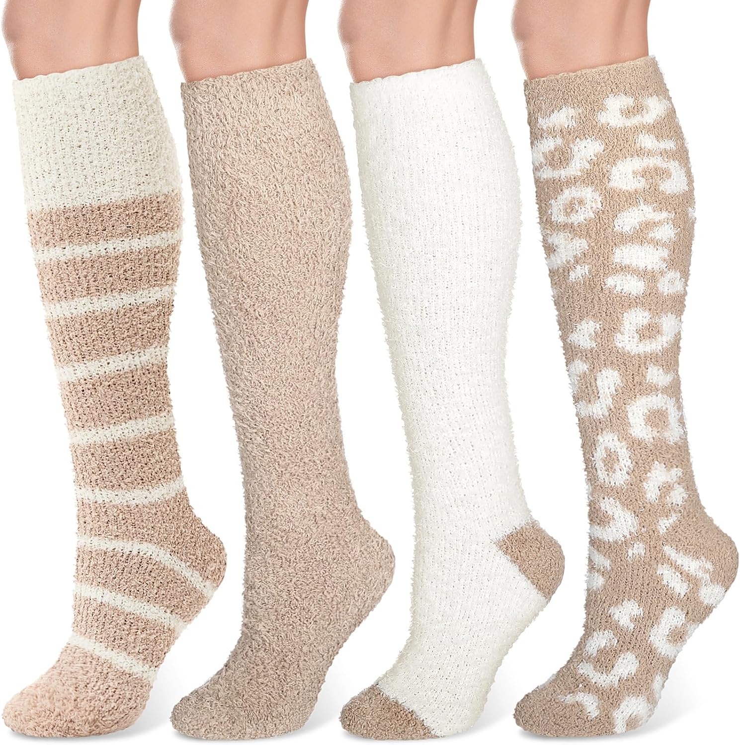 Geyoga 4 Pairs Leopard Knee High Fuzzy Socks for Women Soft Warm Plush Long Cozy Winter Animal Socks for Valentine Day Gifts