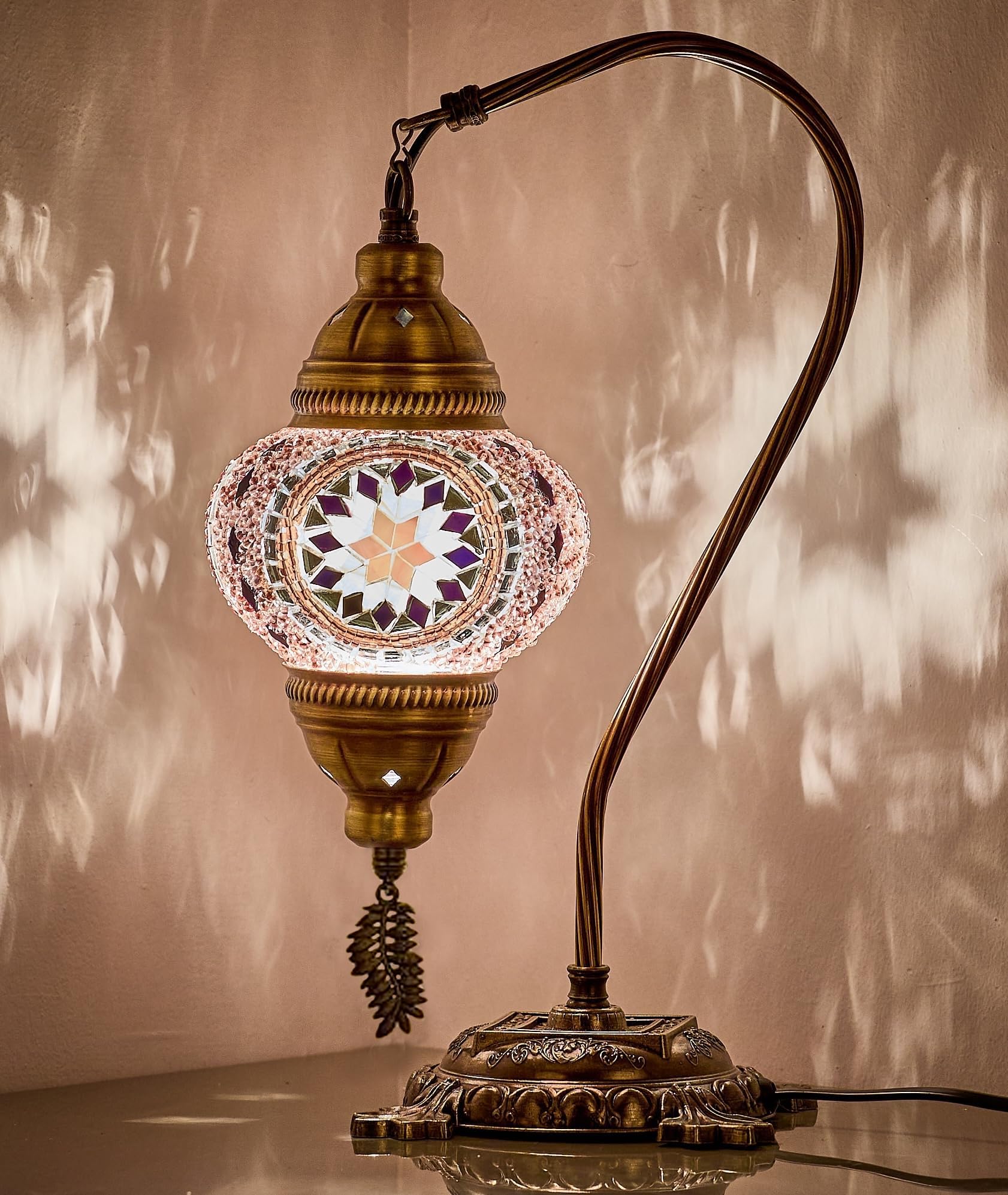 DEMMEX Genuine Turkish Lamp, Made in Turkey, Turkish Moroccan Mosaic Table Bedside Lamp, 100% Handmade, Antique Brass Color Metal Body and Decorative Metal Base, Gooseneck, 15 Inch (Purple Lilac)