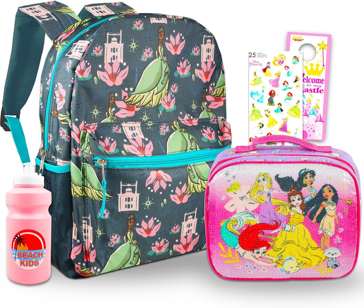 Princess and the Frog Backpack and Lunch Box Set - Bundle with 16" Princess Tiana Backpack, Princess Lunch Bag, Stickers, Water Bottle, More | Princess and the Frog Backpack for Girls