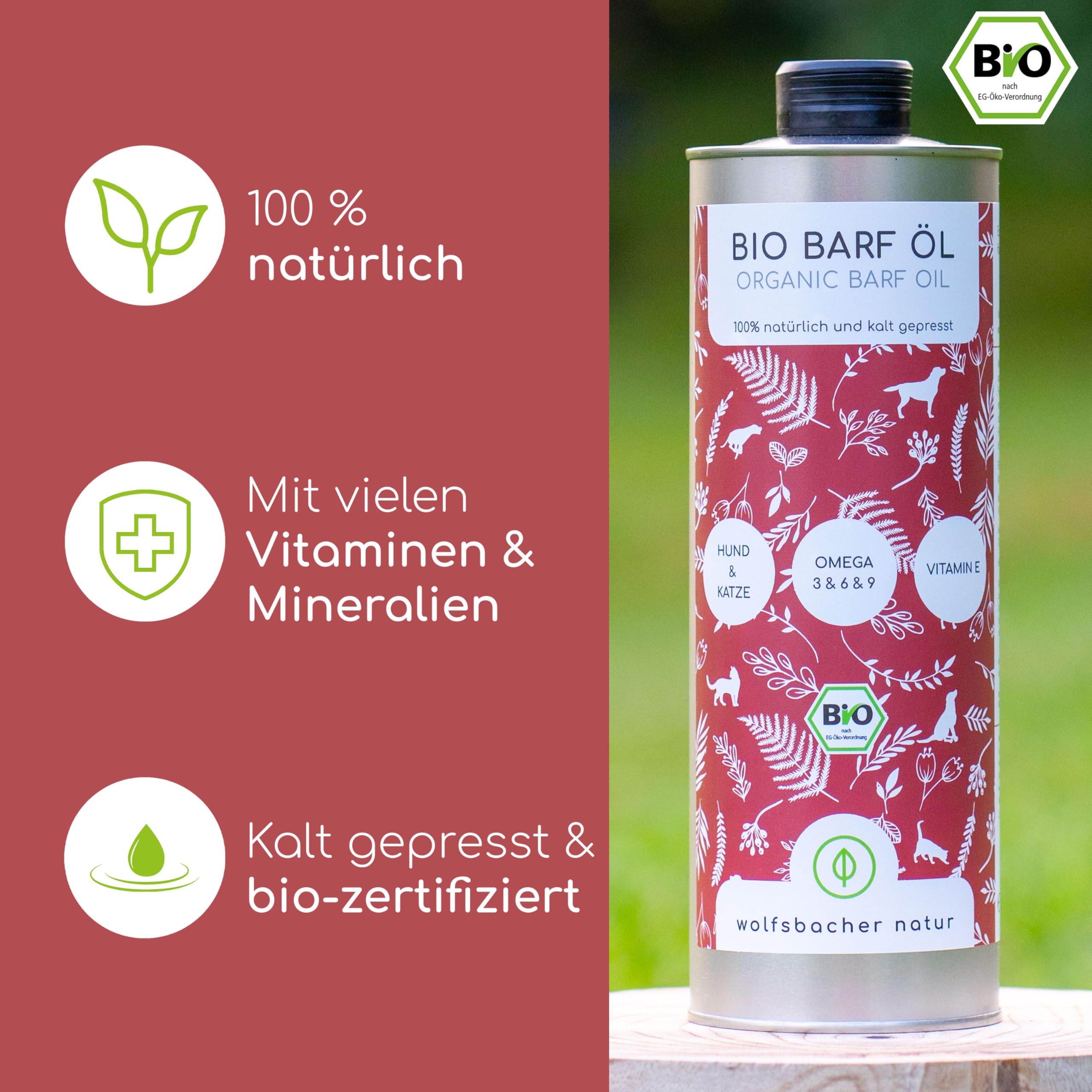 Futteröl für Hunde 1 Liter – 100% Bio Barföl - Natürlich und Vegan - Aus Leinöl, Nachtkerzenöl, Olivenöl, Kürbiskernöl, Chiaöl - Mit Omega 3-6-9, DE-ÖKO-060