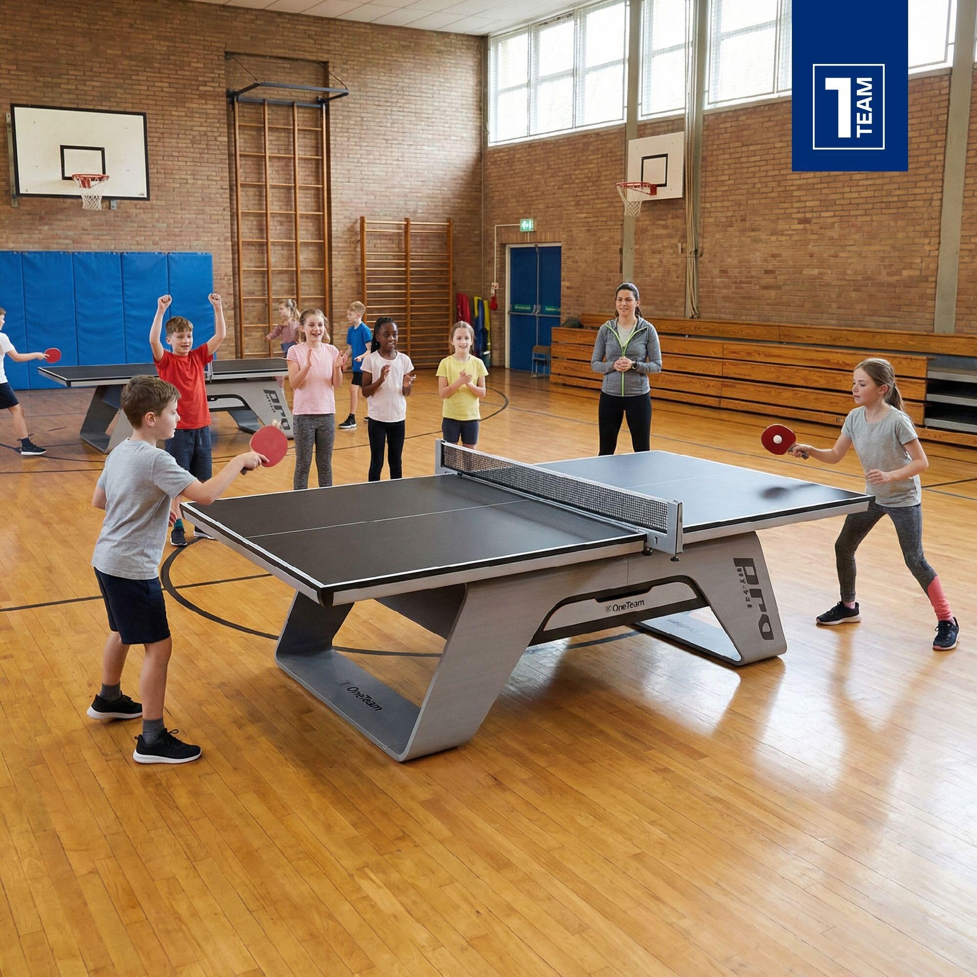 OneTeam Tischtennisplatte Indoor Profi – 22mm MDF Turnierplatte – 274x152,5x76 cm – Stabil 147kg – Mit Netz & Schublade – OT-TTI-PRO Schwarz/Bambus Design