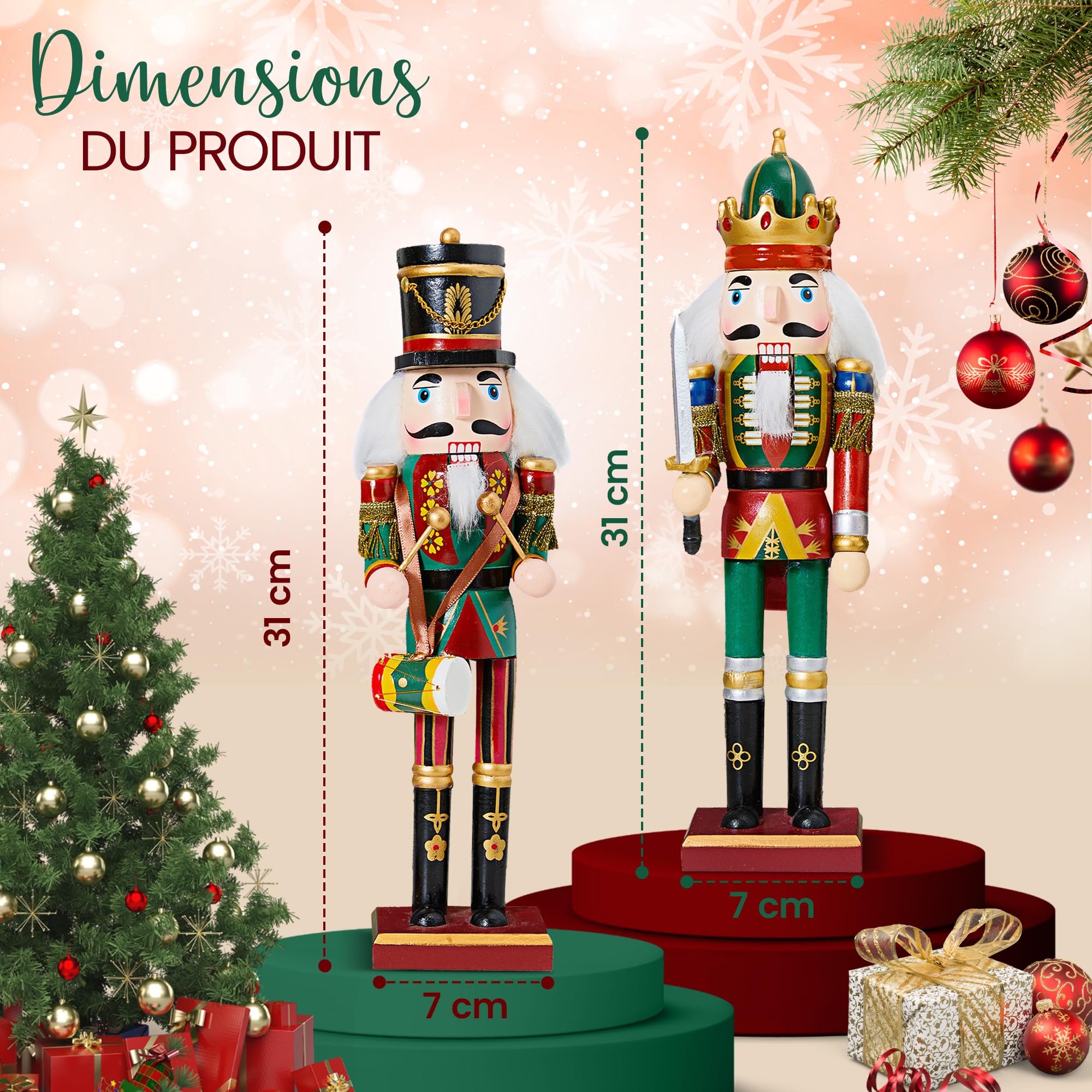 Soldat Casse-Noisette Décoration Noël Traditionnel - 2 Figurines Casse-Noisette Noël en Bois, 30 cm pour déco de Table, Pied de Sapin, crèche, cheminée, Nutcracker Christmas