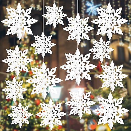 KatchOn, Copos de nieve colgantes en 3D blancos, grandes, paquete de 15  Decoraciones de copo de nieve colgantes de Navidad, guirnalda de copos de