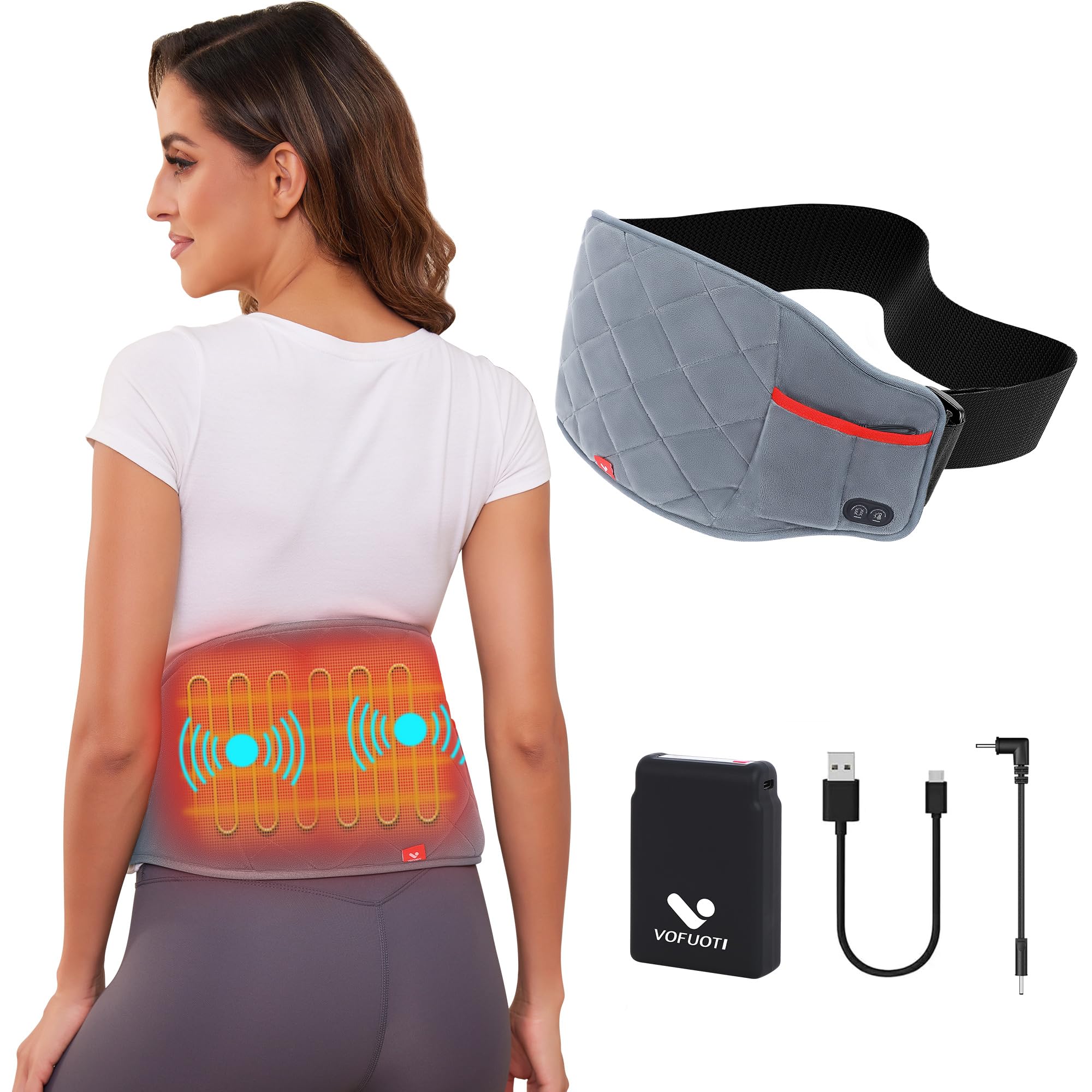 Vofuoti Cordless Heat Pad for Back Pain Relief with 6000 mAh Battery,Electric Heating Pad with 3 Heat and Vibration Settings for Lower Back Waist Abdomen Cramps Period,Gift for Men&Women