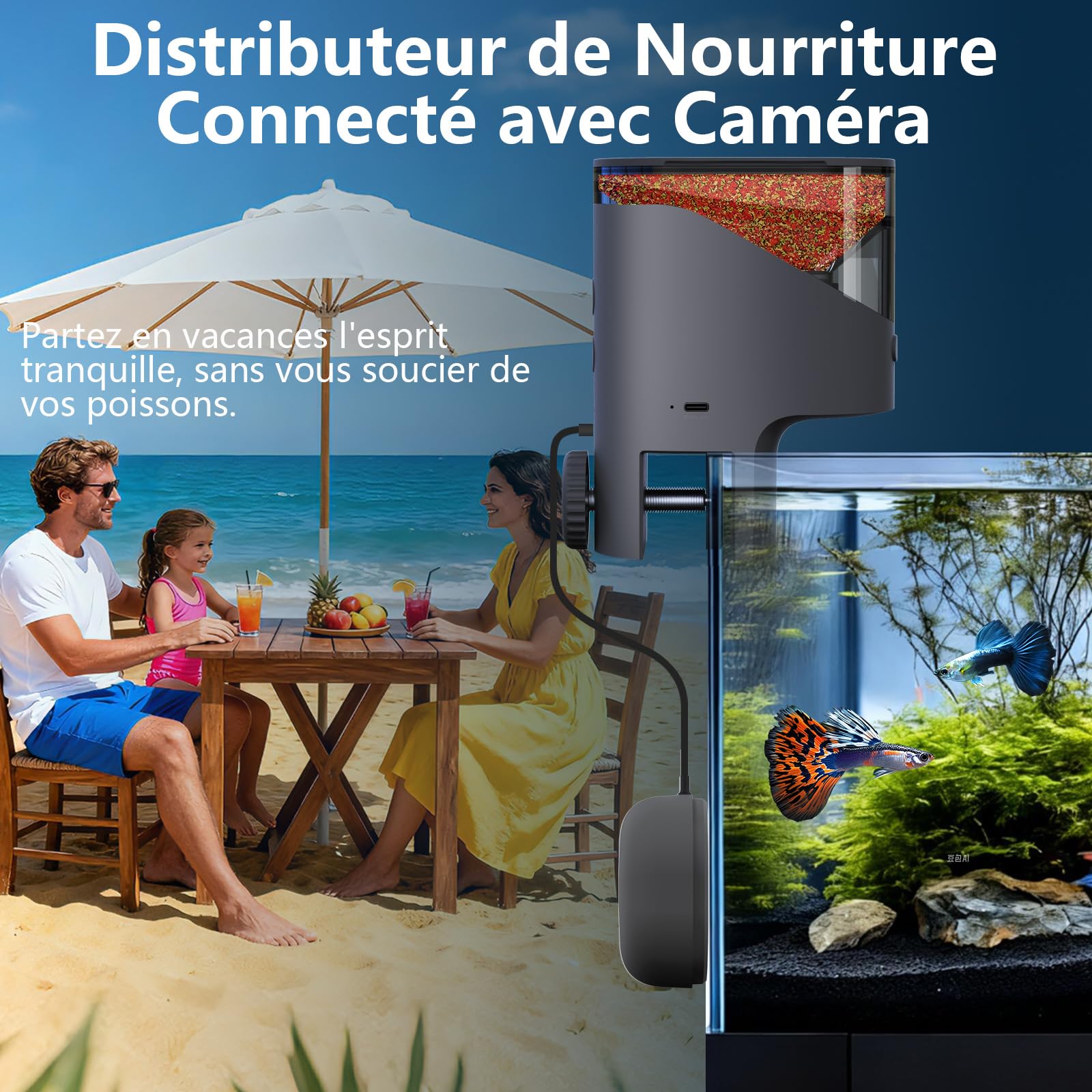 Distributeur Nourriture Poisson WiFi, Caméra 2.5K HD, App 2.4/5G, Dosage Précision 0,2g Anti-Blocage pour Vacances, Réservoir 200ML Anti-Humidité, Programmable pour Aquarium & Mer