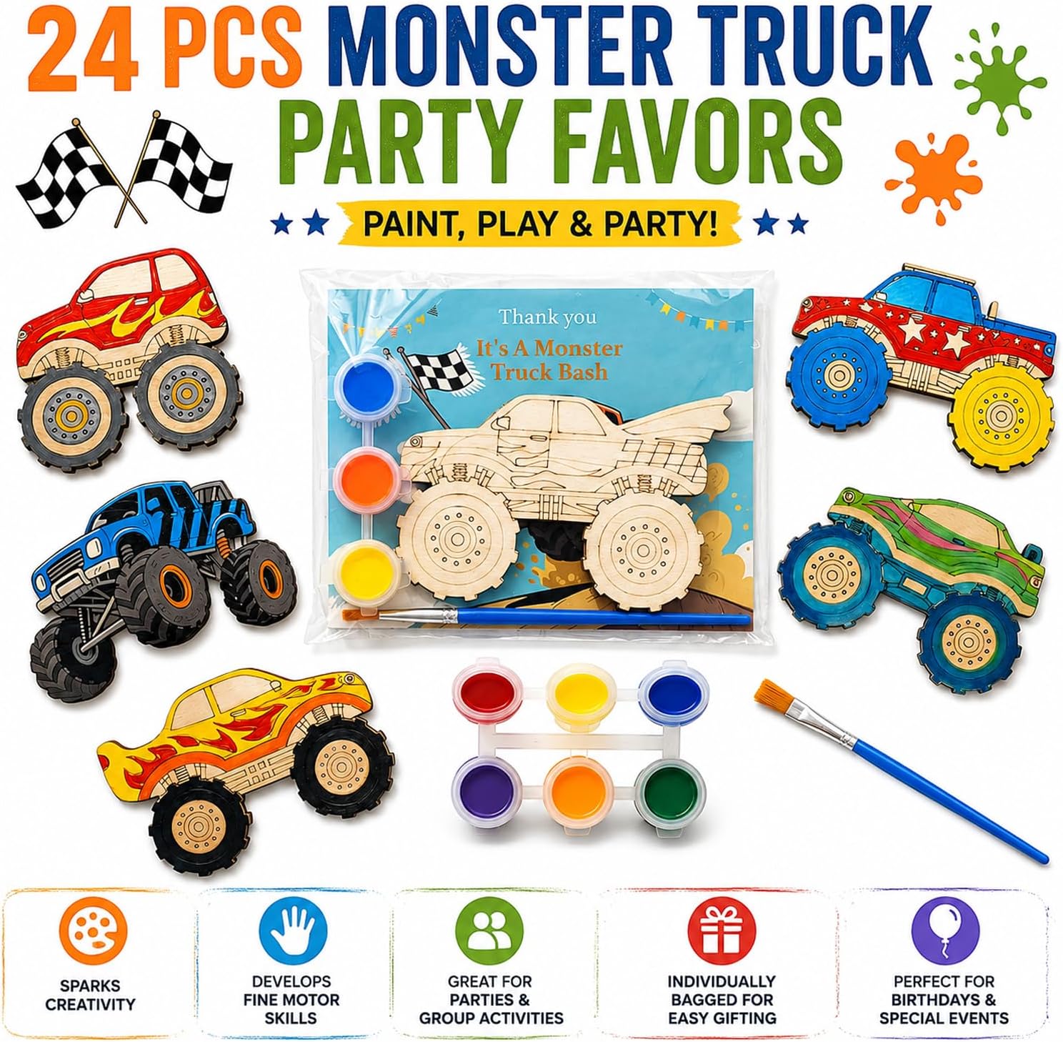 WORGO 24PCS Monster Truck Party Favors Wooden Painting Kit for 4-8 Kids image 5