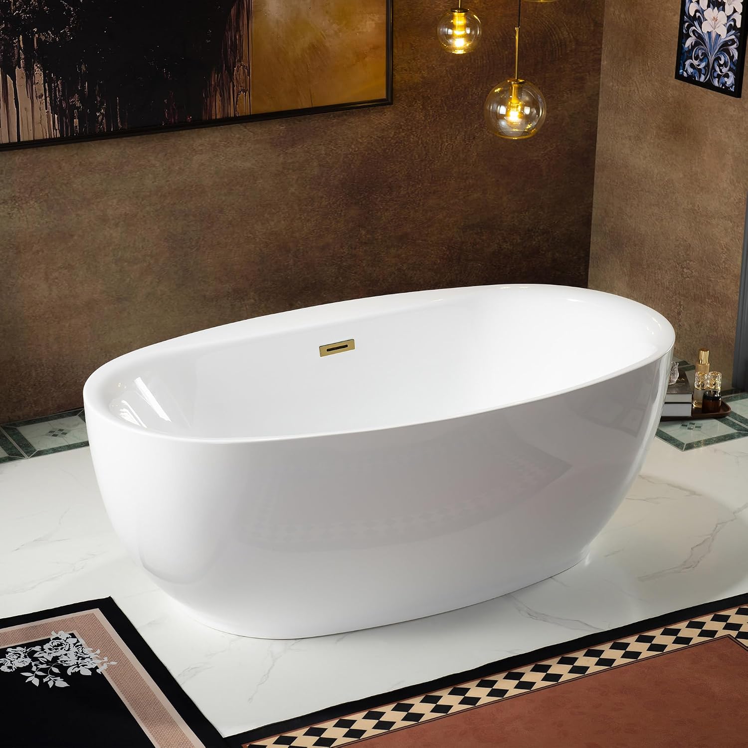 WOODBRIDGE 66" Acrylic Freestanding Bathtub Contemporary Soaking White Tub with Brushed Gold Overflow and Drain，B0027-BG