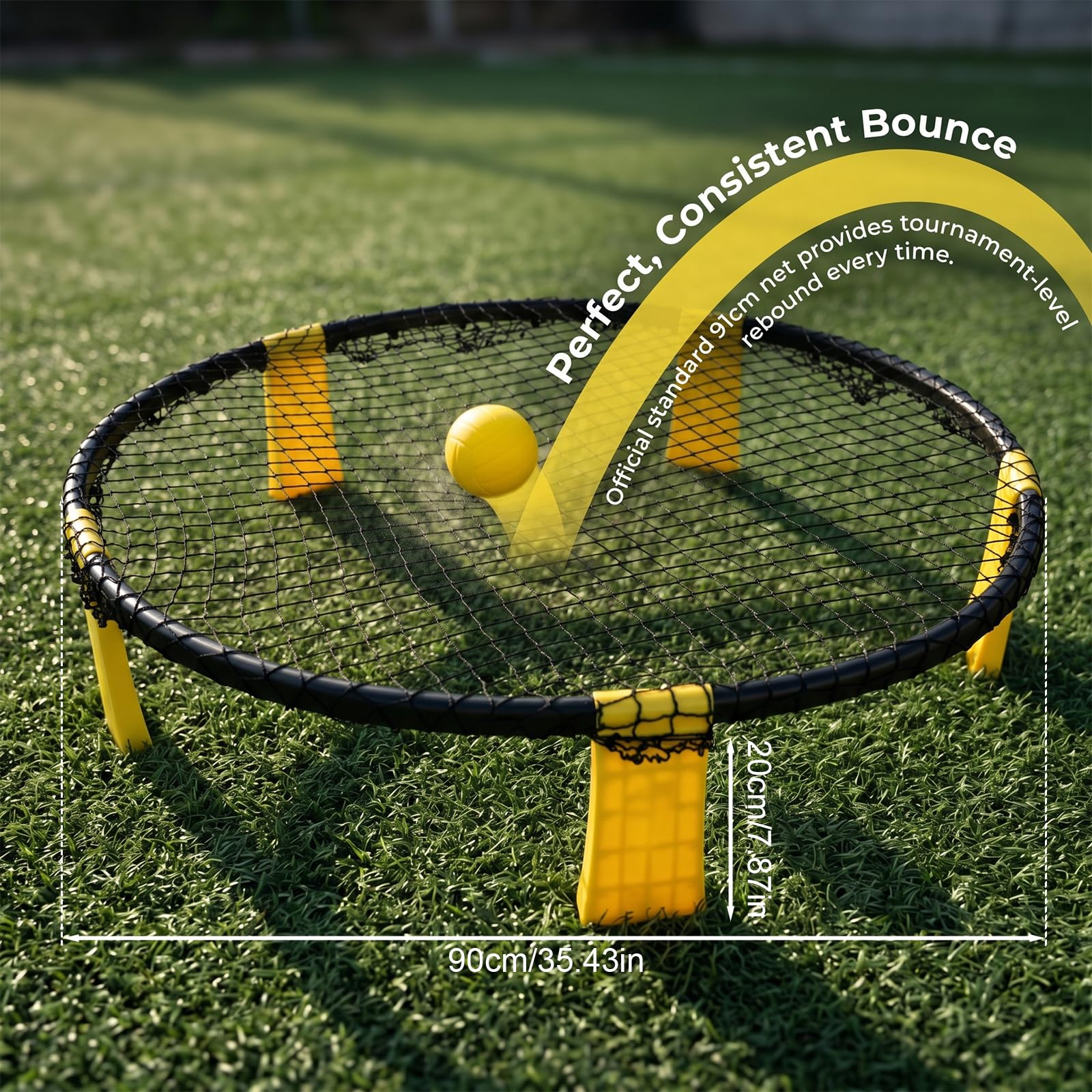 Profi Roundnet Set für Draußen Stabiles Outdoor Spieleset für Garten und Strand Tragbares Ballspiel für Erwachsene und Kinder inklusive Netz 2 Bälle Pumpe und Tasche Gelb