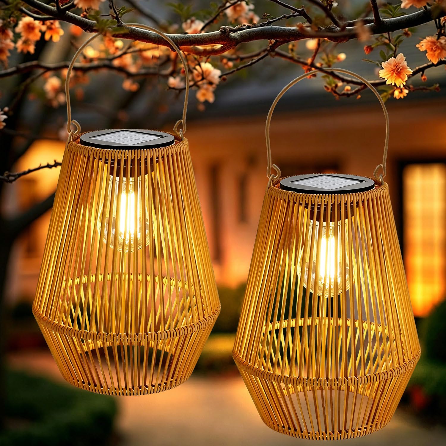 2 lanterne solari per esterni, lampade solari da giardino da appendere, lanterna intrecciata in fibra naturale, lampade solari in stile rattan bohémien, decorazione da giardino per esterni, per