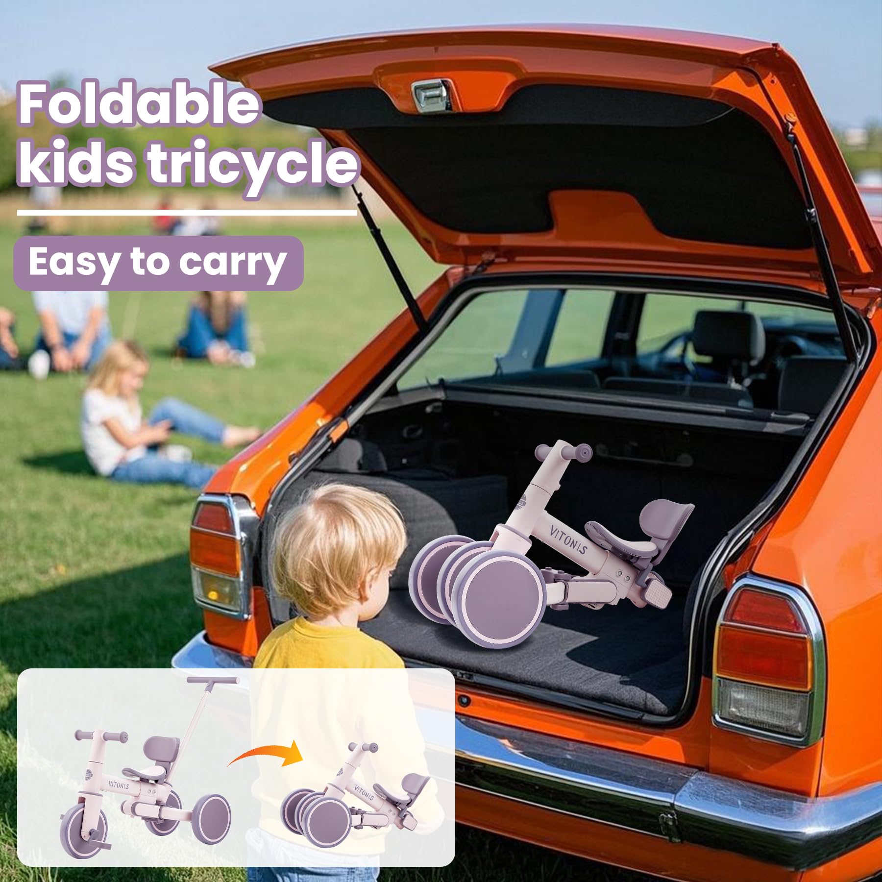 Bicicleta sin Pedales a Partir de 1 año, Triciclo 5 en 1 con Barra de Empuje para niños, Bicicleta sin Pedales para niños pequeños, Regalo para niños y niñas， Morado