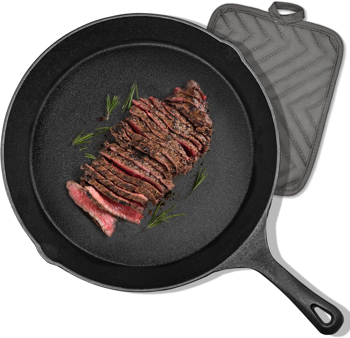 12 inch Pre-Seasoned Cast Iron Skillet with Handle and Dual-Use Insulating Pad