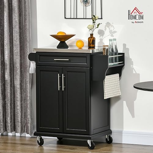 Miniatura 2 de HOMCOM Isla de cocina sobre ruedas, carrito de cocina rodante con encimera de acero inoxidable, cajón, toallero y estante de especias, carrito de