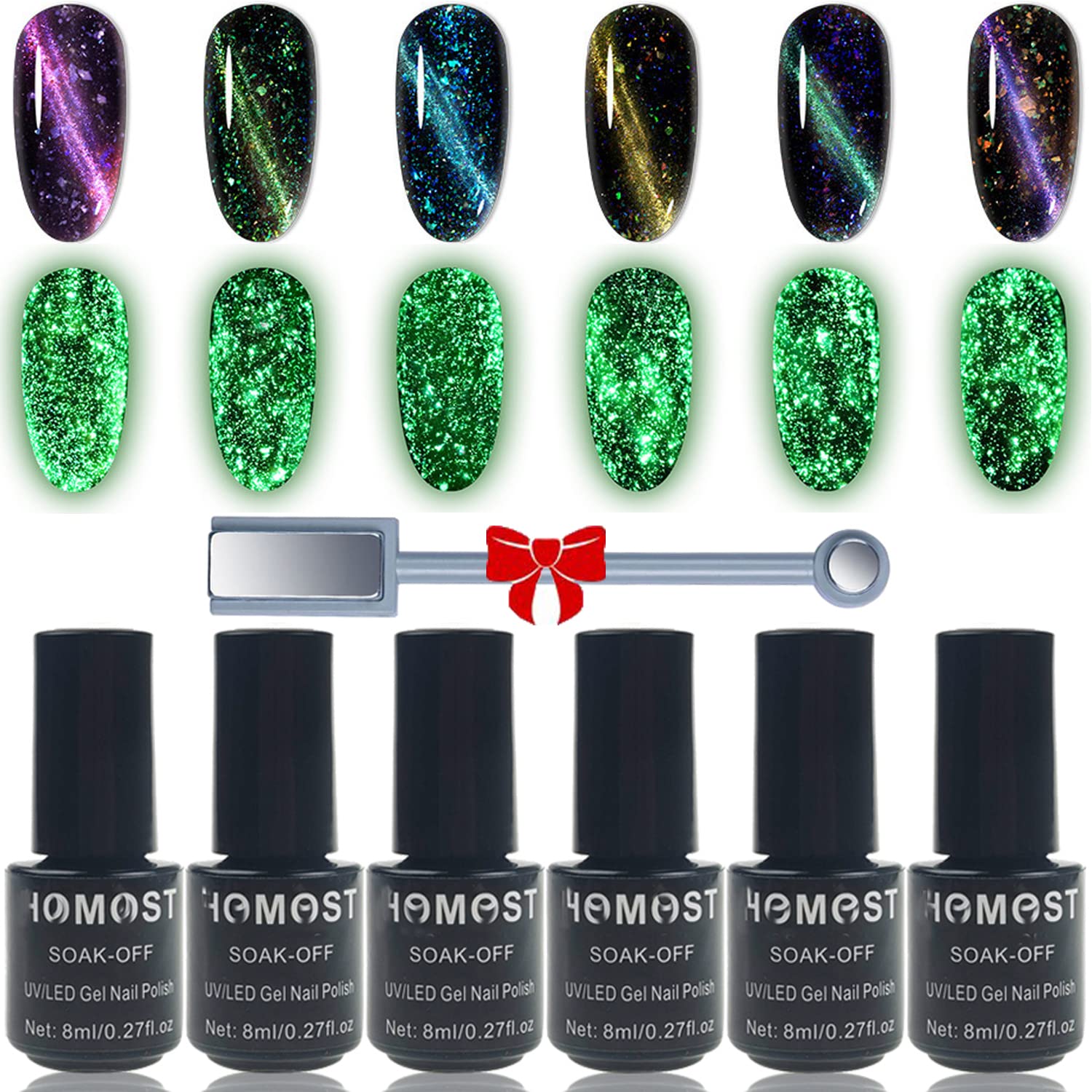 Cat Eye Gel Polish Set Magnetic Glow in The Dark Gel Polish 6 Color Set With Magnet (No Black Color Gel Polish)