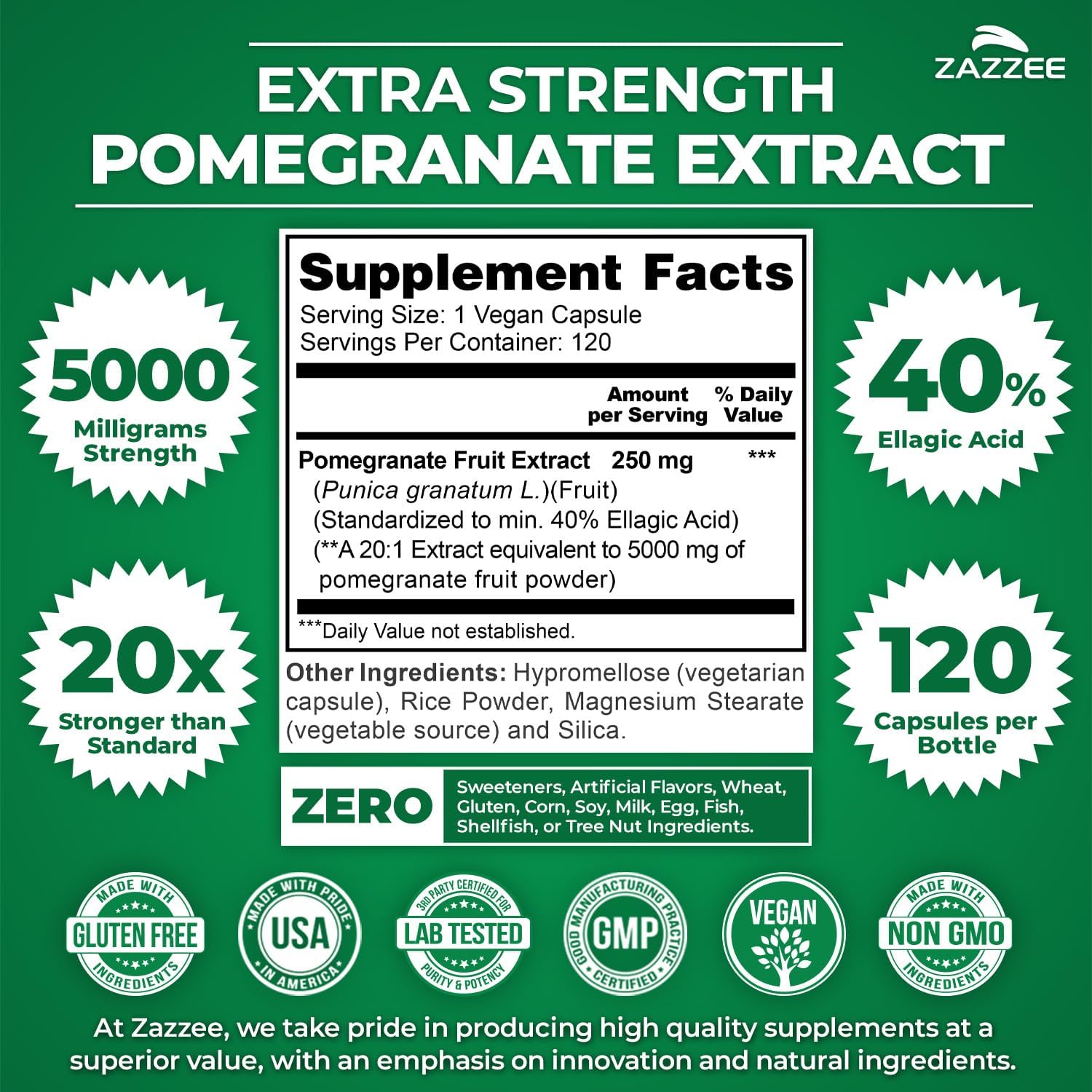 Zazzee Extra Strength Pomegranate 20:1 Extract, 5000 mg Strength, 40% Ellagic Acid, 120 Vegan Capsules, 4 Month Supply, Standardized, Concentrated 20X Extract, 100% Vegetarian, All-Natural and Non-GMO - Image 2