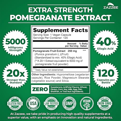 Miniatura 2 de Zazzee Extracto de granada extra fuerte 20:1, 5000 mg de fuerza, 40% ácido elágico, 120 cápsulas veganas, suministro de 4 meses, extracto