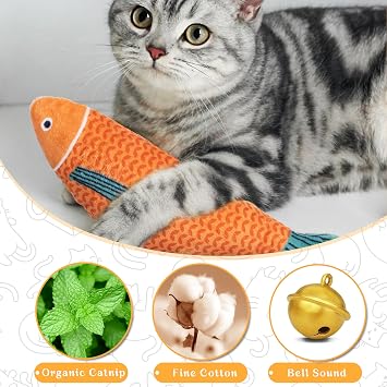 Soft Catnip Toys Fish, 3 Pack Bell Sound Cat Toys for Indoor Cats