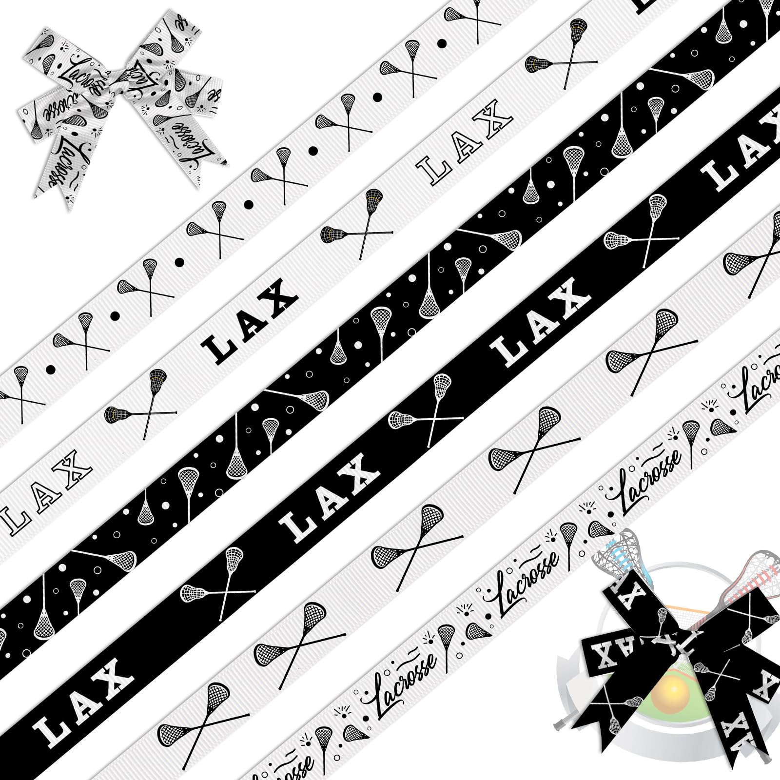 Threetols 6 Rolls 18 Yards Lacrosse Grosgrain Ribbons, 3/8" Black White Sport LAX Wrapping Craft Ribbons for Sport Team Decoration and Theme Party