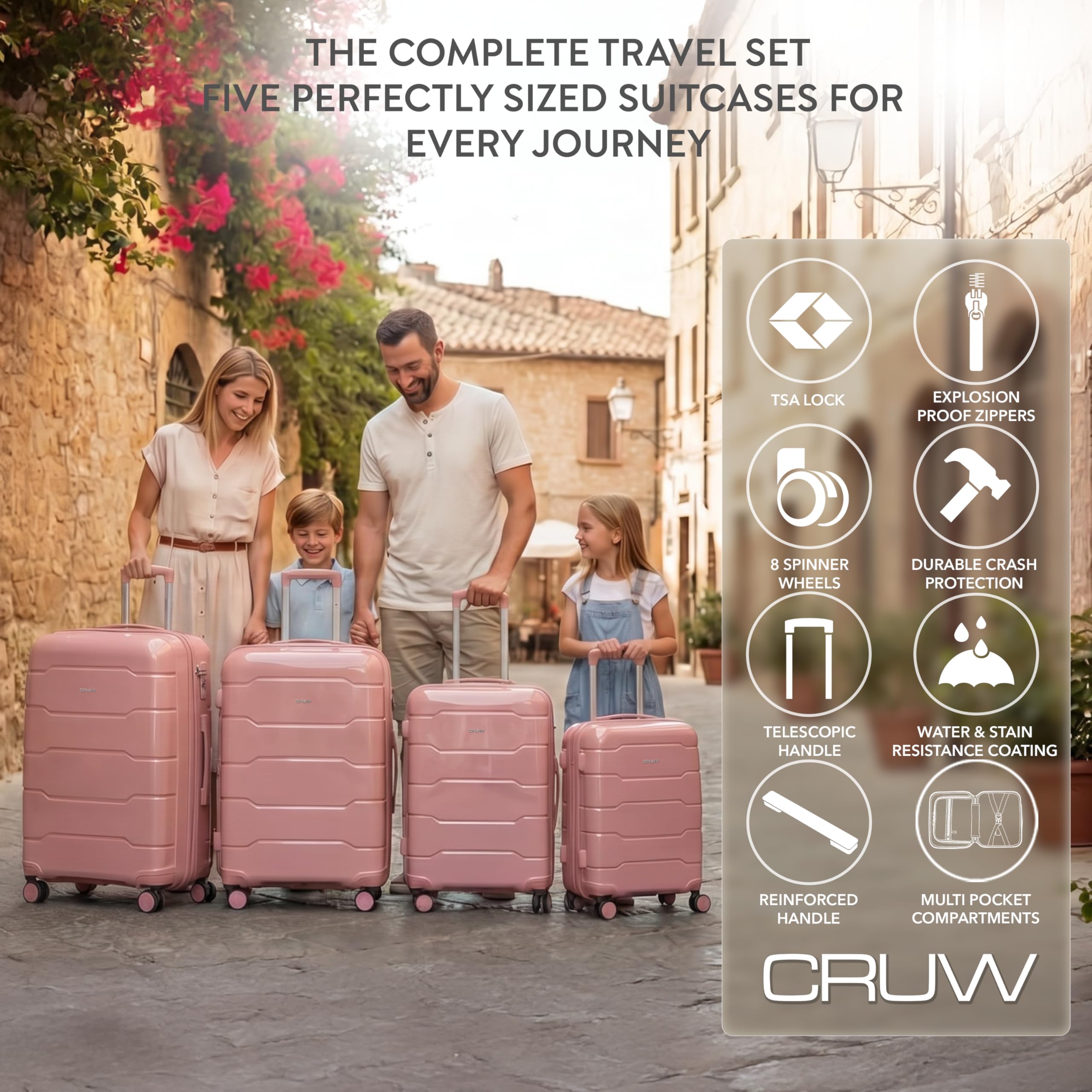 CRUW 5-Piece Luggage Set Expandable Polypropylene Suitcase Set TSA Locks 8 Silent Spinner Wheels Lightweight Nested Suitcases Travel Set easyJet British Airways Jet2 Airline-Approved Carry-On Pink