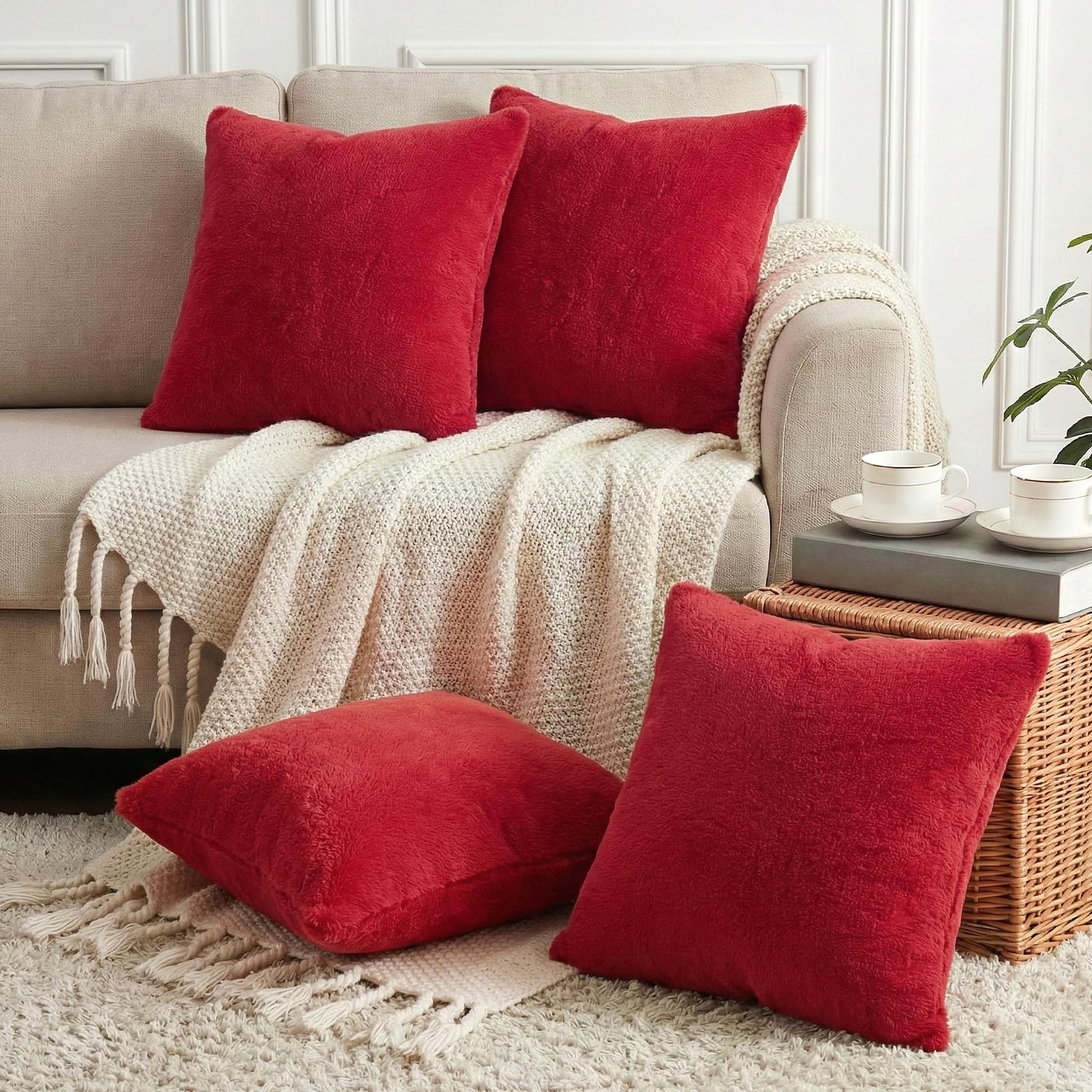 Thmyo Red 4-Pack Faux Fur Cushion Covers Fluffy Soft Throw Pillow Cases Super Soft Plush Cushion Covers Fashion Home Decorative Pillowcases For Sofa Bed Couch,,18X18inch